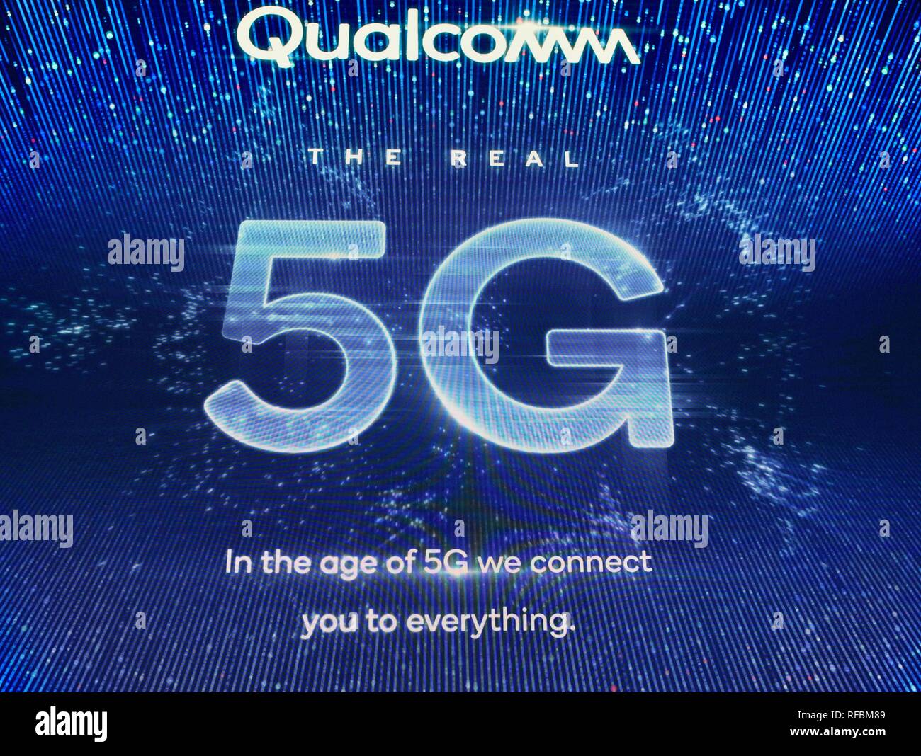 Qualcomm presentano stand promozione 5G la connettività del network cellulare, per i telefoni intelligenti e dispositivi cellulari, al CES trade show di Las Vegas Stati Uniti d'America Foto Stock