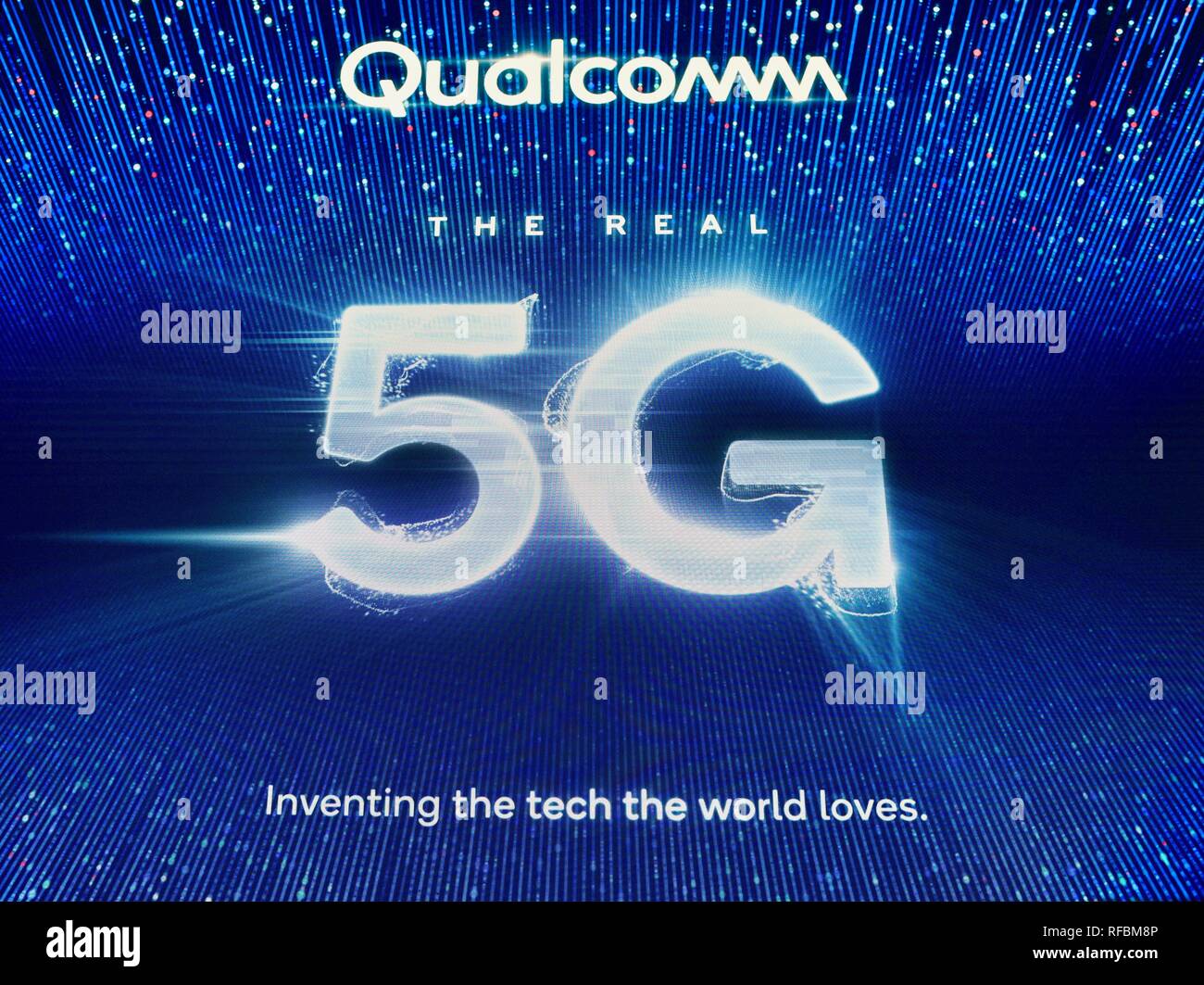 Qualcomm presentano stand promozione 5G la connettività del network cellulare, per i telefoni intelligenti e dispositivi cellulari, al CES trade show di Las Vegas Stati Uniti d'America Foto Stock