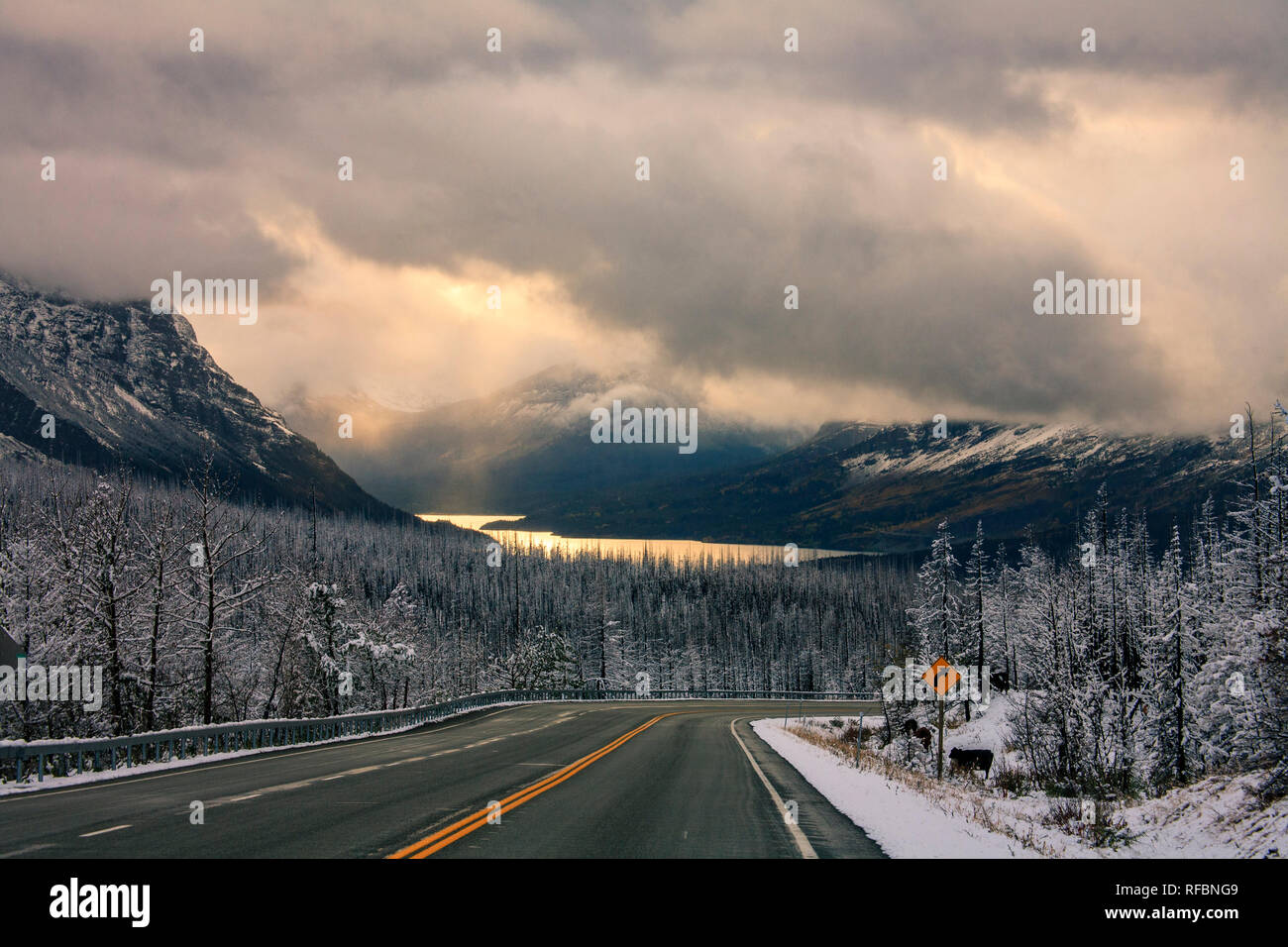 Tempesta di neve su St Marys Lago e U.S. Route 89. Il Parco Nazionale di Glacier Montana. Foto Stock