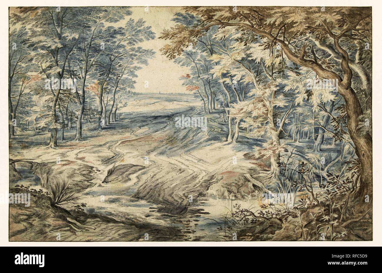Voorde sul bordo di una foresta. Relatore per parere: anonimo. Intermediario Relatore: Jan Brueghel (I). Dating: 1650 - 1750. Misurazioni: h 238 mm × W 368 mm. Museo: Rijksmuseum Amsterdam. Foto Stock