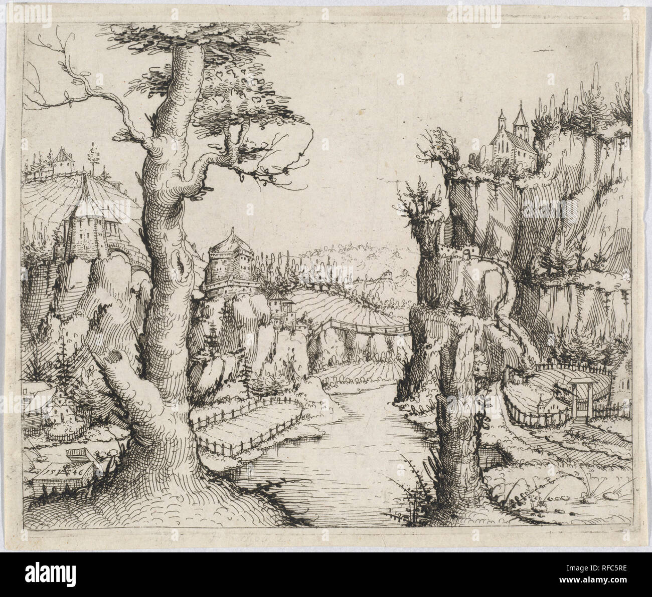 Paesaggio fluviale con alte scogliere. Data: 1546. Dimensioni: piastra: 5 13/16 x 7 1/16 in. (14,7 x 18 cm) foglio: 15,9 x 18,6 cm (6 1/4 x 7 5/16 in.). Medio: l'attacco su cui la carta. Museo: National Gallery of Art di Washington DC. Autore: Augustin Hirschvogel. Foto Stock