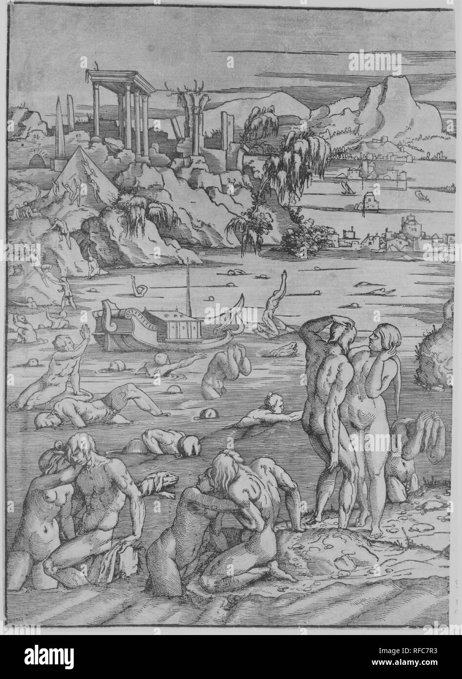Il diluvio. Artista: Jan van Scorel (Netherlandish, Schoorl 1495-1562 Utrecht). Dimensioni: complessivamente 18-5/8 x 26-1/4 in. (47,1 x 66,5 cm). Data: ca. 1524. Museo: Metropolitan Museum of Art di New York, Stati Uniti d'America. Foto Stock
