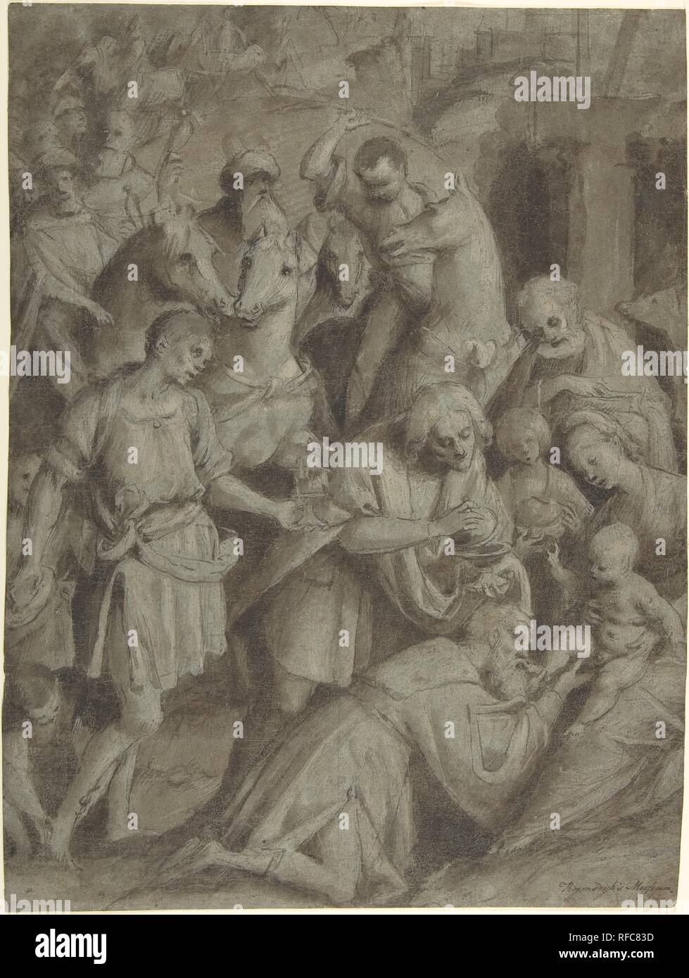 L Adorazione dei Magi. Artista: Bernardino Lanino (italiano, Vercelli o Mortara 1509/13- 1582/83 Vercelli). Dimensioni: 15 x 11-1/4 in. (38,1 x 28,5 cm). Data: 1553. Museo: Metropolitan Museum of Art di New York, Stati Uniti d'America. Foto Stock