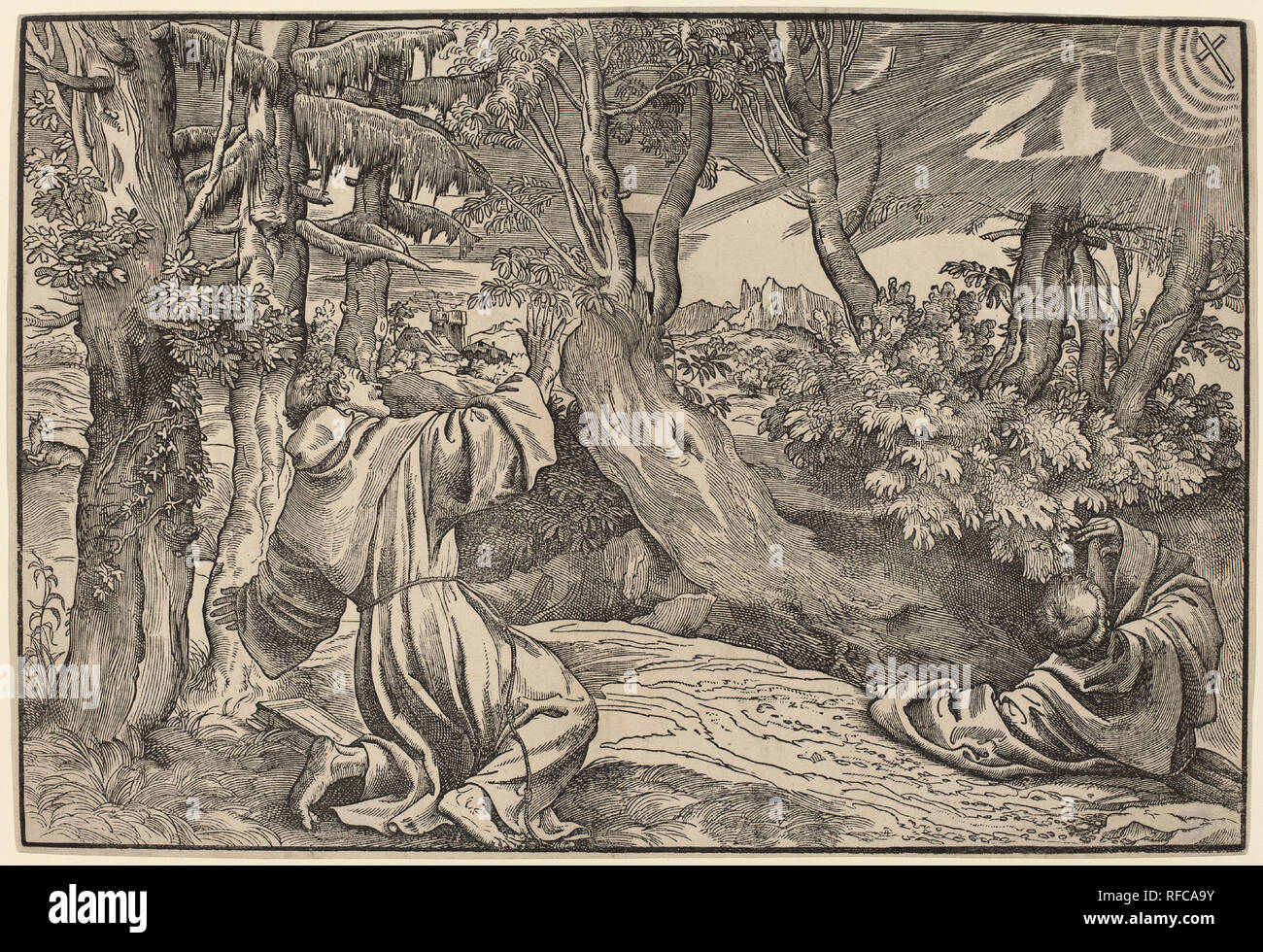San Francesco che riceve le stimmate. Data: c. 1530. Dimensioni: blocco: 29,5 x 43,4 cm (11 5/8 x 17 1/16 in.) foglio: 29,8 x 43,7 cm (11 3/4 x 17 3/16 in.). Medium: Silografia su cui la carta. Museo: National Gallery of Art di Washington DC. Autore: Tiziano. Niccolò Boldrini. Foto Stock