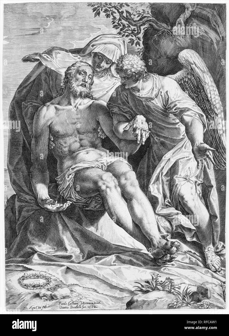 Pietà; Cristo sorretto dalla Vergine e un angelo a destra. Artista: Agostino Carracci (italiano, Bologna 1557-1602 Parma); dopo Paolo Veronese (Paolo Caliari) (italiano, Verona 1528-1588 Venezia); pubblicato da Orazio Bertelli (italiano, attivo Venezia, ca. 1570-92). Dimensioni: foglio: 15 9/16 x 11 1/4 in. (39,5 x 28,5 cm). Data: 1582. Museo: Metropolitan Museum of Art di New York, Stati Uniti d'America. Foto Stock