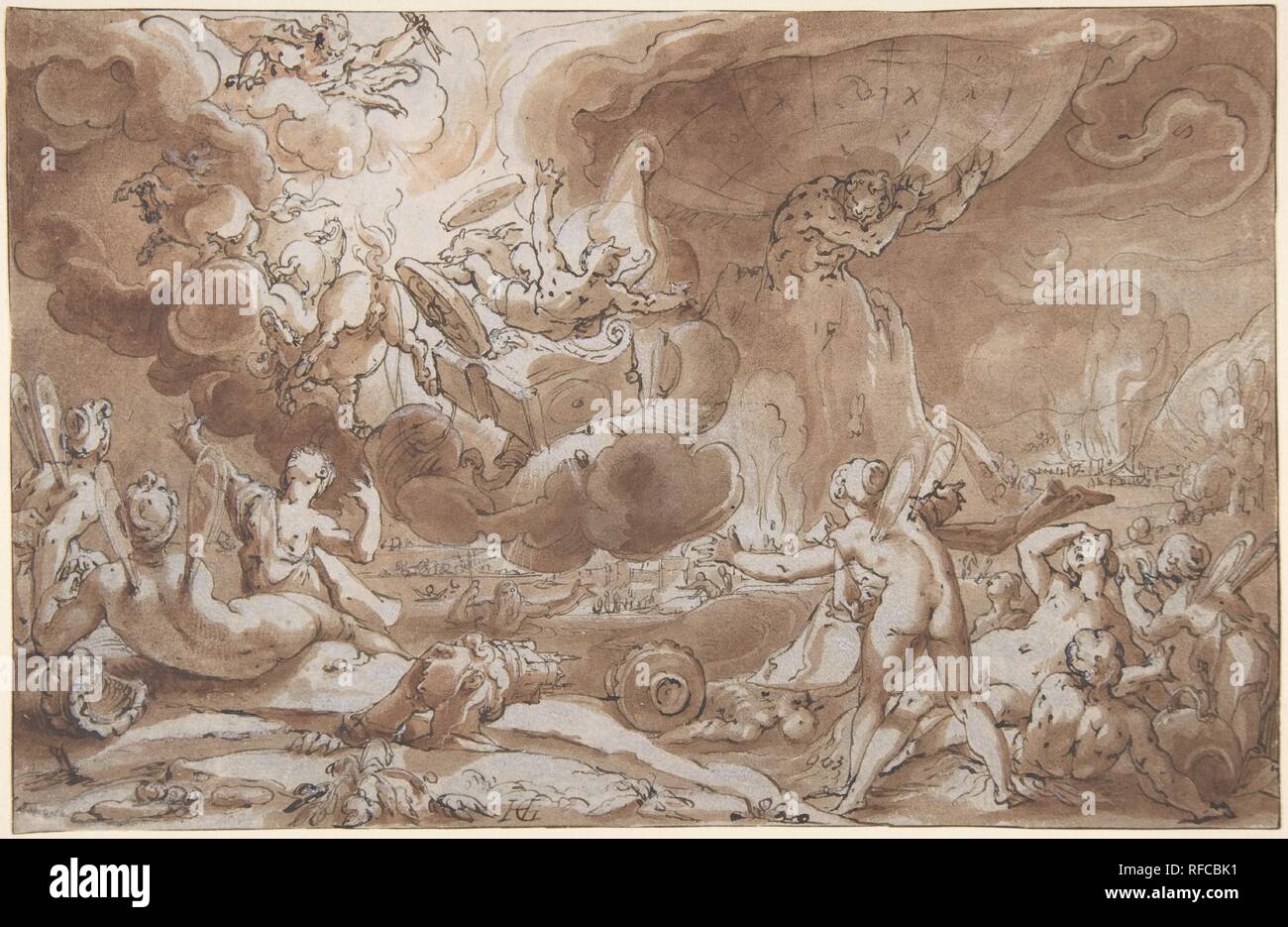 La caduta di Fetonte. Artista: Hendrick Goltzius (Netherlandish, Mühlbracht 1558-1617 Haarlem). Dimensioni: 6 1/2 x 9 15/16 in. (16,5 x 25,3 cm). Data: fine XVI-inizio XVII secolo. Phaeton, che incautamente ha spinto Apollo's Chariot attraverso il cielo cade dal veicolo distrutto verso la terra. Zeus tiene alto un fulmine come egli mette fine alla Phaeton rampage. Questo è uno di almeno cinquanta-due disegni Goltzius realizzato per incisa una serie di Metamorfosi di Ovidio. Le incisioni per la serie non visualizzare il virtuosismo delle sue opere autografe ed erano senza dubbio reso dai membri della sua Foto Stock