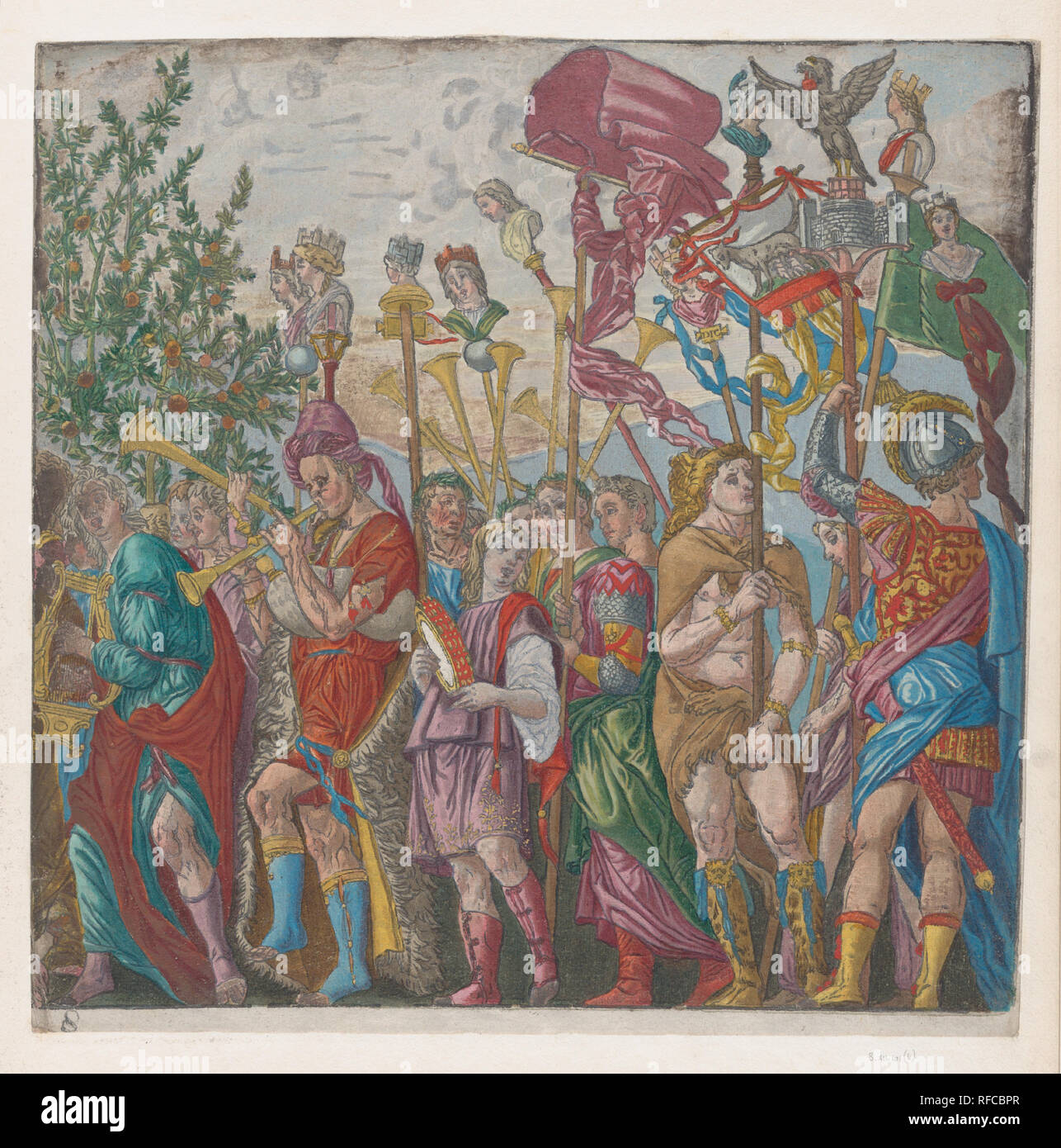 Il foglio 8: processione dei musicisti e altri standard di contenimento, dal trionfo di Giulio Cesare. Artista: Dopo Andrea Mantegna (italiano, Isola di Carturo 1430/31-1506 Mantova); Andrea Andreani (Mantova, 1558/1559-1629); intermediario relatore Bernardo Malpizzi (Italiano, 1555-1623). Dimensioni: foglio: 14 5/8 × 14 9/16 in. (37,2 × 37 cm). Data: 1599. Museo: Metropolitan Museum of Art di New York, Stati Uniti d'America. Foto Stock