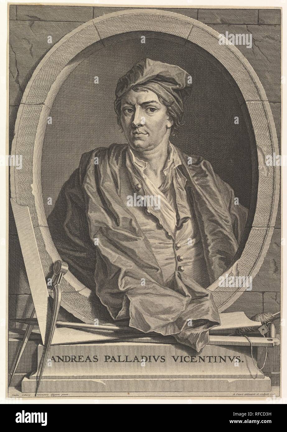 Ritratto di Andrea Palladio in mezza lunghezza entro una cornice ovale; una bussola, falegname, quadrati e filo a piombo resto sul plinto sotto la forma ovale, da un non ben identificato edizione del 'Architecture de Palladio", riveduto da Giacomo Leoni e tradotto da Nicholas du Bois. Artista: Bernard Picart (francese, Parigi 1673-1733 Amsterdam); dopo Paolo Veronese (Paolo Caliari) (italiano, Verona 1528-1588 Venezia). Dimensioni: foglio: 12 3/4 x 8 7/8 in. (32,4 x 22,6 cm). Serie/Portfolio: Unidentified edizione del 'Architecture de Palladio", riveduto da Giacomo Leoni e tradotto da Nicholas du Bois. Data: 1716. M Foto Stock