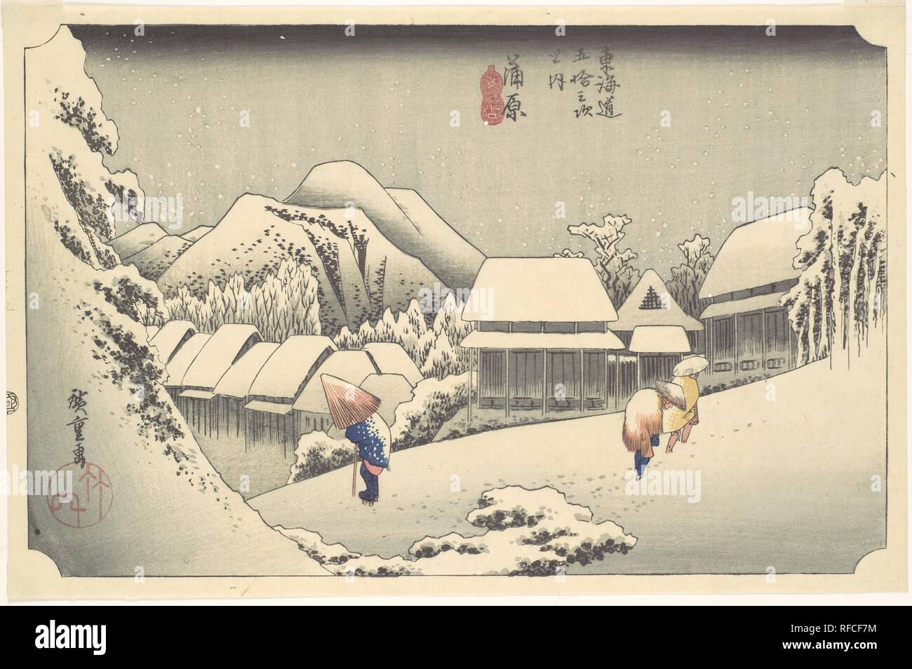 Sera Neve a Kanbara, dalla serie 'Cinquanta-tre stazioni della linea Tokaido'. Artista: Utagawa Hiroshige (giapponese, Tokyo (EDO) 1797-1858 Tokyo (EDO). Cultura: il Giappone. Dimensioni: 8 7/8 x 13 3/4 in. (22,5 x 34,9 cm). Data: ca. 1833-34. Neve profonda copre la pendenza di Kanbara in serata. Fiocchi di fresca caduta sul case, alberi, montagne e creare una tranquilla che è rotto solo dal crunch implicita di viaggiatori " Orme nella neve. Questa scena è quasi interamente immaginario; nevica raramente nell'area Kanbara, nell attuale Prefettura di Shizuoka. Museo: Metropolitan Museum of Art di New Yor Foto Stock