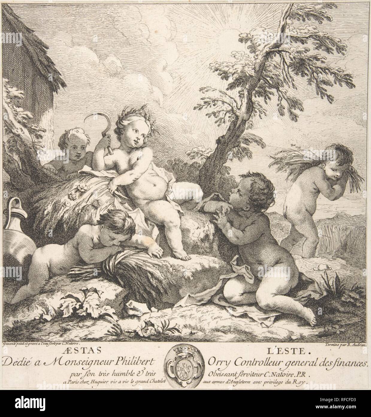 L'estate. Artista: Charles Joseph Natoire (francese, Nîmes 1700-1777 Castel Gandolfo); Benoît Audran II (francese, Parigi Parigi 1698-1772). Dimensioni: foglio: 10 3/16 x 9 5/8 in. (25,9 x 24,5 cm). Data: 1735. Museo: Metropolitan Museum of Art di New York, Stati Uniti d'America. Foto Stock