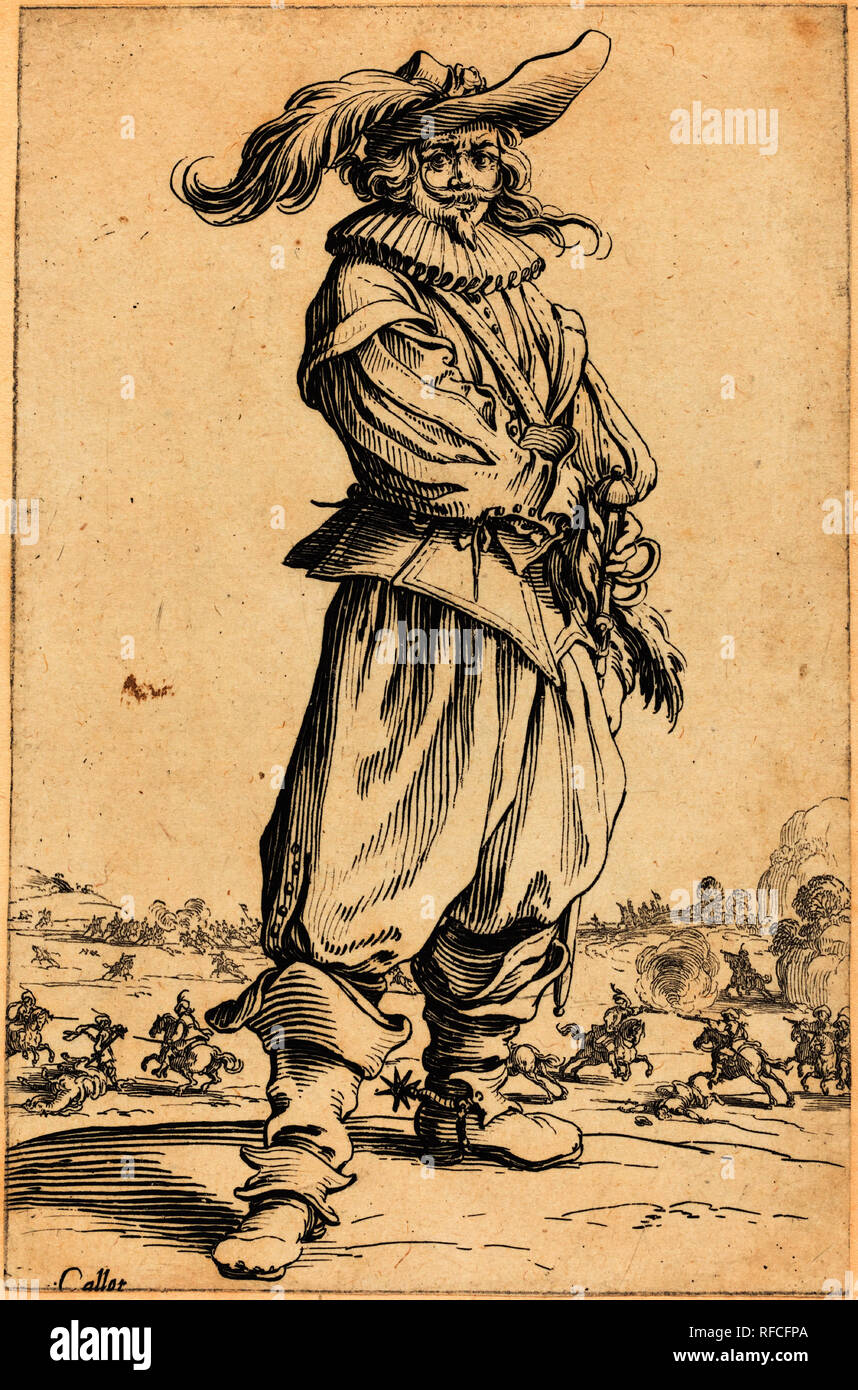 Soldato con cappello piumato. Data: c. 1620/1623. Medio: l'attacco. Museo: National Gallery of Art di Washington DC. Autore: Jacques Callot. Dopo Jacques Callot. Foto Stock