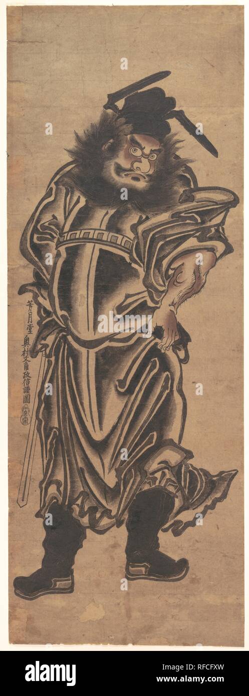 Shoki, il Demon-Queller. Artista: Okumura Masanobu (giapponese, 1686-1764). Cultura: il Giappone. Dimensioni: H. 27 a. (68,6 cm); W. 10 a. (25,4 cm). Data: inizio del XVIII secolo. Shoki era generalmente illustrata, basato sull'iconografia, uccidendo un piccolo demone. Tuttavia, il giapponese culto popolare che venera lui come divinità custode, egli è stato anche tradotto in piedi da solo in una più modalità iconica. In questo insolitamente grande stampa, Masanobu impiegato il urushi-e tecnica (picture in lacca con aggiunta di colla per la brillantezza) ad animare l. Museo: Metropolitan Museum of Art di New York, Stati Uniti d'America. Foto Stock