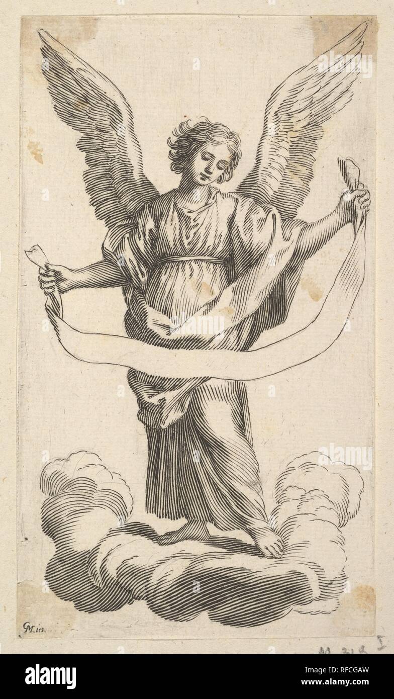 Angelo con un Banderole. Artista: Claude Mellan (francese, Abbeville 1598-1688 Paris). Dimensioni: foglio: 5 x 2 7/8 in. (12,7 x 7,3 cm). Museo: Metropolitan Museum of Art di New York, Stati Uniti d'America. Foto Stock