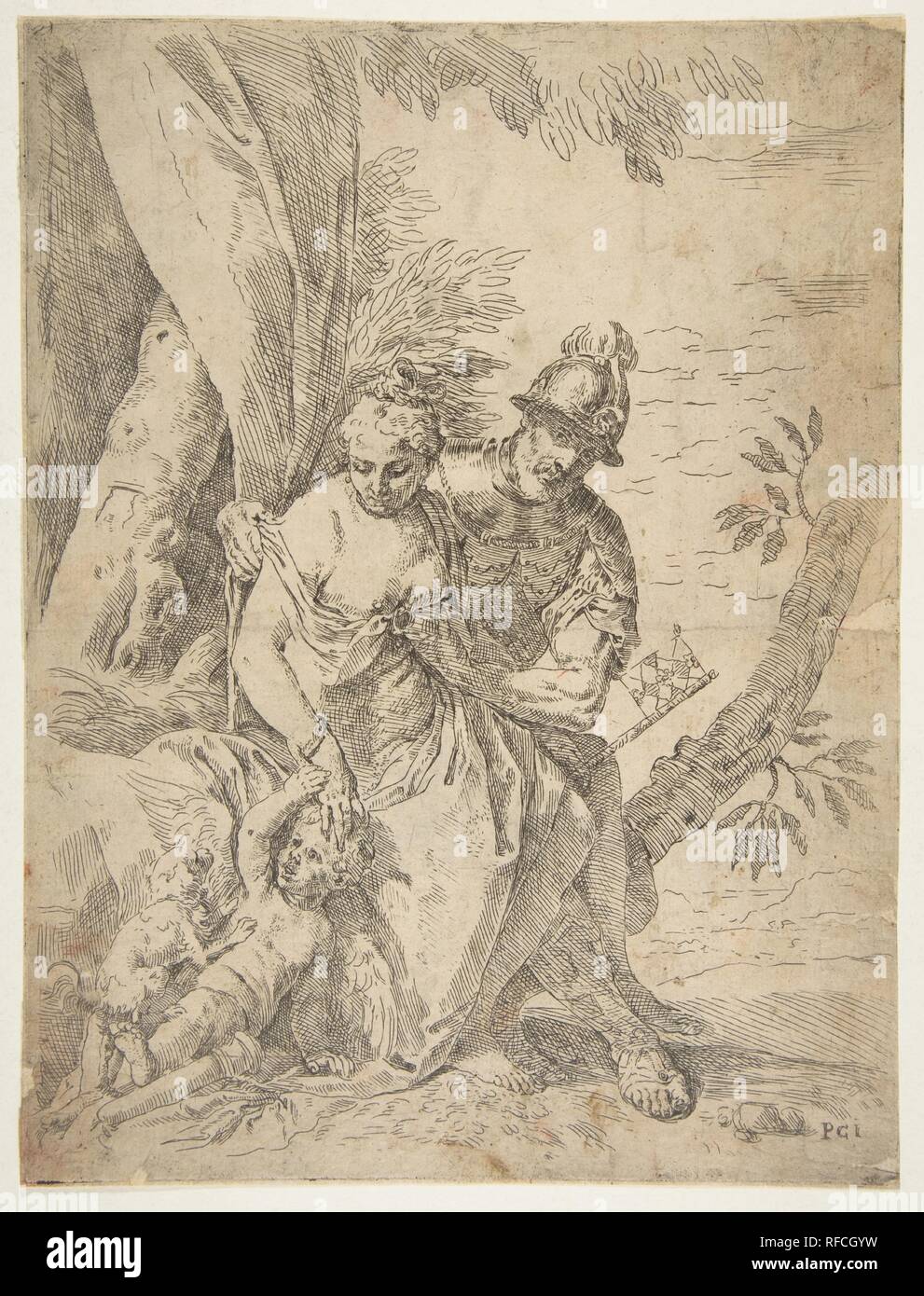 Marte, Venere e Amore. Artista: Simone Cantarini (italiano, Pesaro Verona 1612-1648); dopo Paolo Veronese (Paolo Caliari) (italiano, Verona 1528-1588 Venezia). Dimensioni: Foglio (rifilati): 10 3/8 x 7 3/4 in. (26,3 × 19,7 cm). Data: ca.1637-1639. Museo: Metropolitan Museum of Art di New York, Stati Uniti d'America. Foto Stock