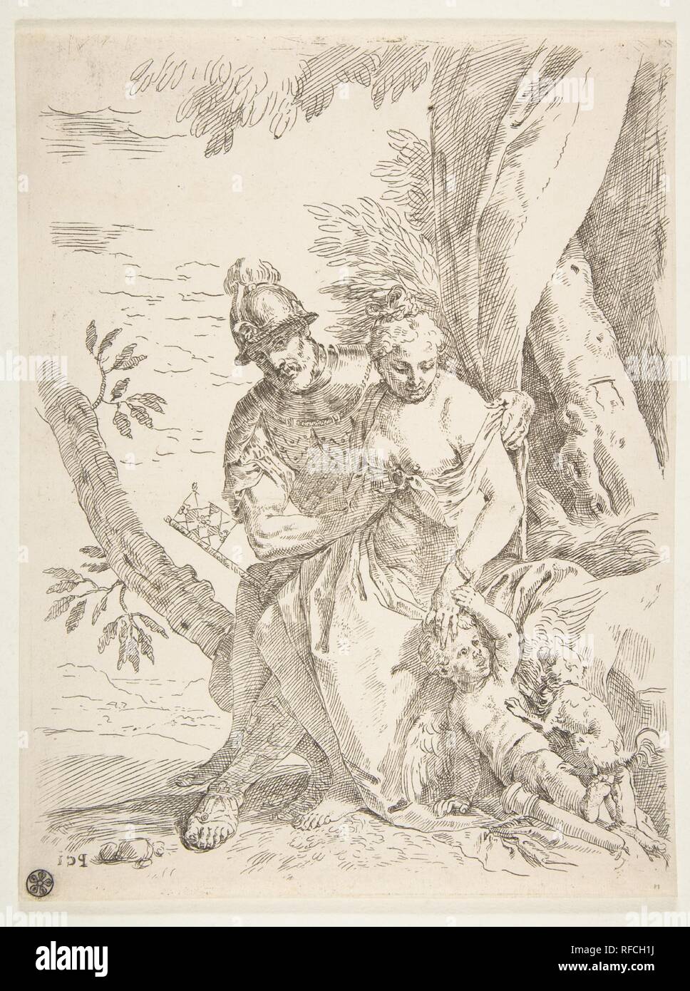 Marte, Venere e Amore. Artista: Simone Cantarini (italiano, Pesaro Verona 1612-1648); dopo Paolo Veronese (Paolo Caliari) (italiano, Verona 1528-1588 Venezia). Dimensioni: foglio: 10 5/16 x 7 7/8 in. (26,2 × 20 cm). Data: ca.1637-1639. Museo: Metropolitan Museum of Art di New York, Stati Uniti d'America. Foto Stock
