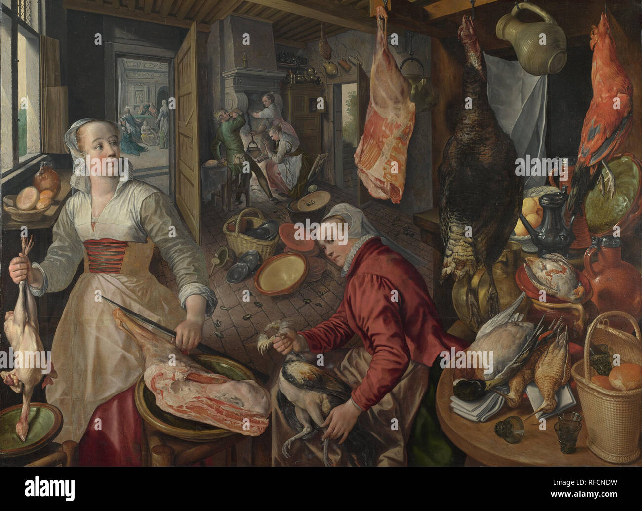 I quattro elementi: fuoco. Una scena di cucina con Cristo nella casa di Marta e Maria in background. Data/Periodo: 1570. La pittura. Olio su tela. Altezza: 157,5 cm (62 in); larghezza: 215,5 cm (84,8 in). Autore: JOACHIM BEUCKELAER. BEUCKELAER, JOACHIM. Foto Stock