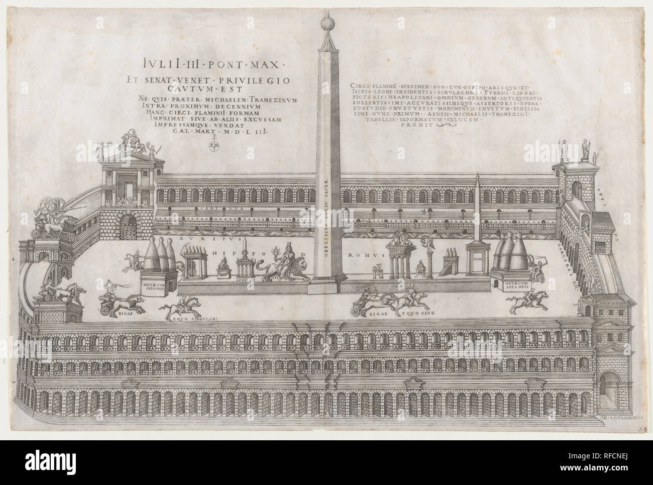 Speculum Romanae Magnificentiae": circo Flaminius. Artista: Nicolas Beatrizet (francese, Lunéville 1515-ca. 1566 Roma (?); dopo Pirro Ligorio (italiano, Napoli ca. 1512/13-1583 Ferrara). Dimensioni: foglio: 14 9/16 x 21 7/8 in. (37 x 55,5 cm). Editore: Michele Tramezzino (italiano, attivo a Venezia e Roma, 1526 morto 1561). Serie/Portfolio: Speculum Romanae Magnificentiae". Data: 1553. Questa stampa proviene dal museo della copia del Speculum Romanae Magnificentiae" (Lo specchio della magnificenza romana) lo specolo trova la sua origine nella pubblicazione si sforza di Antonio Salamanca e Antonio Lafreri. Foto Stock