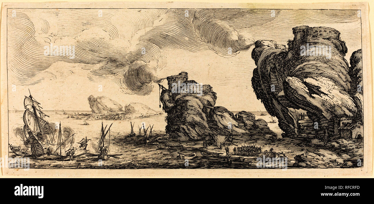 La battaglia navale. Data: probabilmente c. 1630. Dimensioni: piastra: 11,8 x 25,1 cm (4 5/8 x 9 7/8 in.). Medio: l'attacco. Museo: National Gallery of Art di Washington DC. Autore: Jacques Callot. Foto Stock