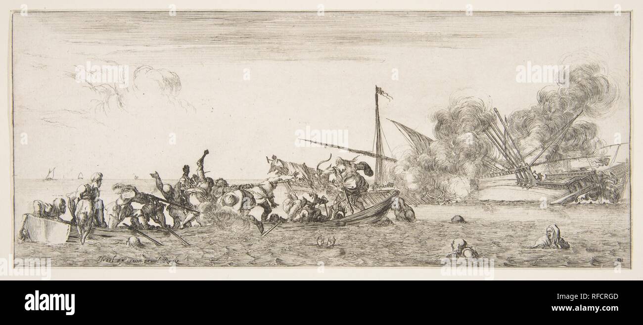 Battaglia navale, una barca a remi riempito di gente che lotta con moschetti a sinistra, la gente annega in mare nel centro e in primo piano a destra, una nave sul suo lato e la masterizzazione in background, da "Guerra e pace" (Divers desseins tant pour la paix que pour la guerre). Artista: Stefano della Bella (Italiano, 1610-1664 Firenze Firenze). Il dedicatario: Marquis de Maulevrier. Dimensioni: Foglio (rifilato alla piastra): 4 1/8 × 9 15/16 in. (10,5 × 25,3 cm). Editore: Israël Henriet (francese, Nancy ca. 1590-1661 Paris). Serie/Portfolio: "Guerra e pace" (Divers desseins tant pour la paix que pour la guerre). Data: Foto Stock