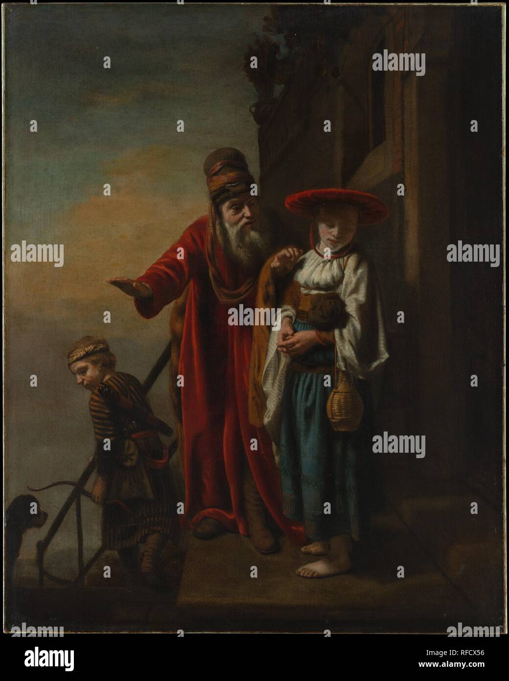 Abramo Licenziamento di agar e Ismaele. Artista: Nicolaes Maes (Olandese, Dordrecht 1634-1693 Amsterdam). Dimensioni: 34 1/2 x 27 1/2 in. (87,6 x 69,9 cm). Data: 1653. Questo dipinto è la prima nota datata il lavoro da Maes, che fu Rembrandt la pupilla tra circa 1650 e 1652. La composizione è stata ispirata dal master attacco del 1637, che Maes ha superato almeno nelle espressioni della concubina di Abramo, agar, e il giovane del figlio Ismaele. Il cane è una gara e in questa scena, ironico promemoria di fedeltà. Museo: Metropolitan Museum of Art di New York, Stati Uniti d'America. Foto Stock