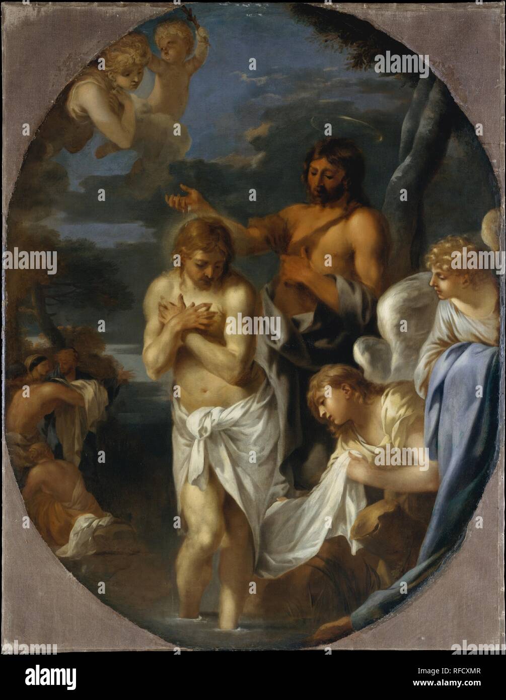 Il Battesimo di Cristo. Artista: Sébastien Bourdon (francese, Montpellier 1616-1671 Paris). Dimensioni: complessivamente 59 3/4 x 46 1/2 in. (151,8 x 118,1 cm); superficie verniciata (ovale) 59 1/8 x 45 1/2 in. (150,2 x 115,6 cm). Data: ca. 1650. Un seguace di Poussin, Bourdon era uno dei principali esponenti del classicismo in francese dipinto del XVII secolo. Questa tela è stata probabilmente dipinto per la cappella privata di un artista patroni. I colori freddi, superfici morbide e atmosfera torbida sono tutti caratteristica di Bourdon di stile maturo. Museo: Metropolitan Museum of Art di New York, Stati Uniti d'America. Foto Stock