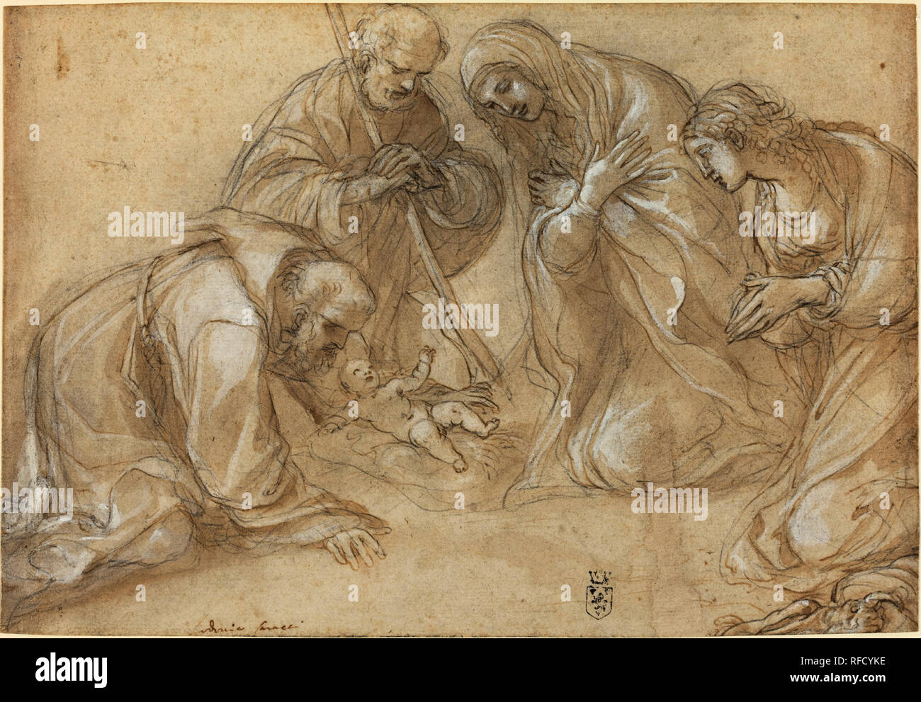 La Natività con i Santi Francesco e Agnese. Data: c. 1605. Dimensioni: complessivo: 20,2 x 29,5 cm (7 15/16 x 11 5/8 in.). Medium: Penna e inchiostro marrone e marrone con lavaggio aumentava bianco su nero chalk; tracce di incisione. Museo: National Gallery of Art di Washington DC. Autore: LODOVICO CARRACCI. Foto Stock