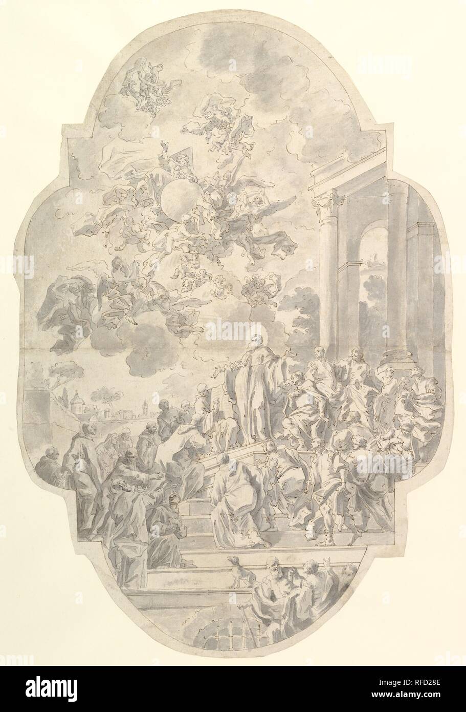 La visione di san Benedetto. Artista: Francesco De Mura (italiano, Napoli Napoli 1696-1782). Dimensioni: 22-1/4 x 15 in. (56,5 x 38,1 cm). Data: 1740. San Benedetto si erge al centro della composizione, guardando verso l'alto in corrispondenza di una apparizione della Santissima Trinità, mentre attorno al Santo sono riuniti i membri di ordini religiosi maschili e femminili che seguire la sua regola monastica, come pure i laici uomini e donne dediti al suo culto. Il disegno è uno studio con un certo numero di varianti di un soffitto affrescato, firmato da de Mura e datata 1740, al centro della navata della chiesa napoletana dei Santi Severi Foto Stock