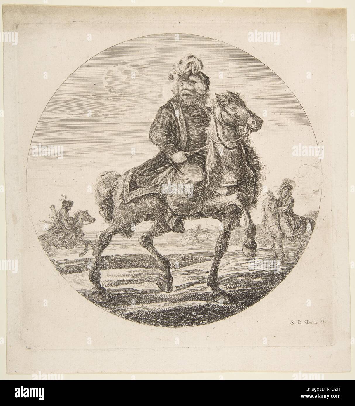 Ungherese cavaliere a cavallo verso destra, altri cavalieri in background, una composizione circolare da 'figure a cavallo' (Cavaliers nègres, polonais et hongrois). Artista: Stefano della Bella (Italiano, 1610-1664 Firenze Firenze). Dimensioni: Piastra: 7 3/8 × 7 3/16 in. (18,8 × 18,2 cm) foglio: 8 3/8 x 7 7/8 in. (21,3 × 20 cm). Serie/Portfolio: 'figure a cavallo' (Cavaliers nègres, polonais et hongrois). Data: ca. 1651. Museo: Metropolitan Museum of Art di New York, Stati Uniti d'America. Autore: Stefano della Bella. Dopo Stefano della Bella. Copiato da Johanna Christina Küsell. Foto Stock
