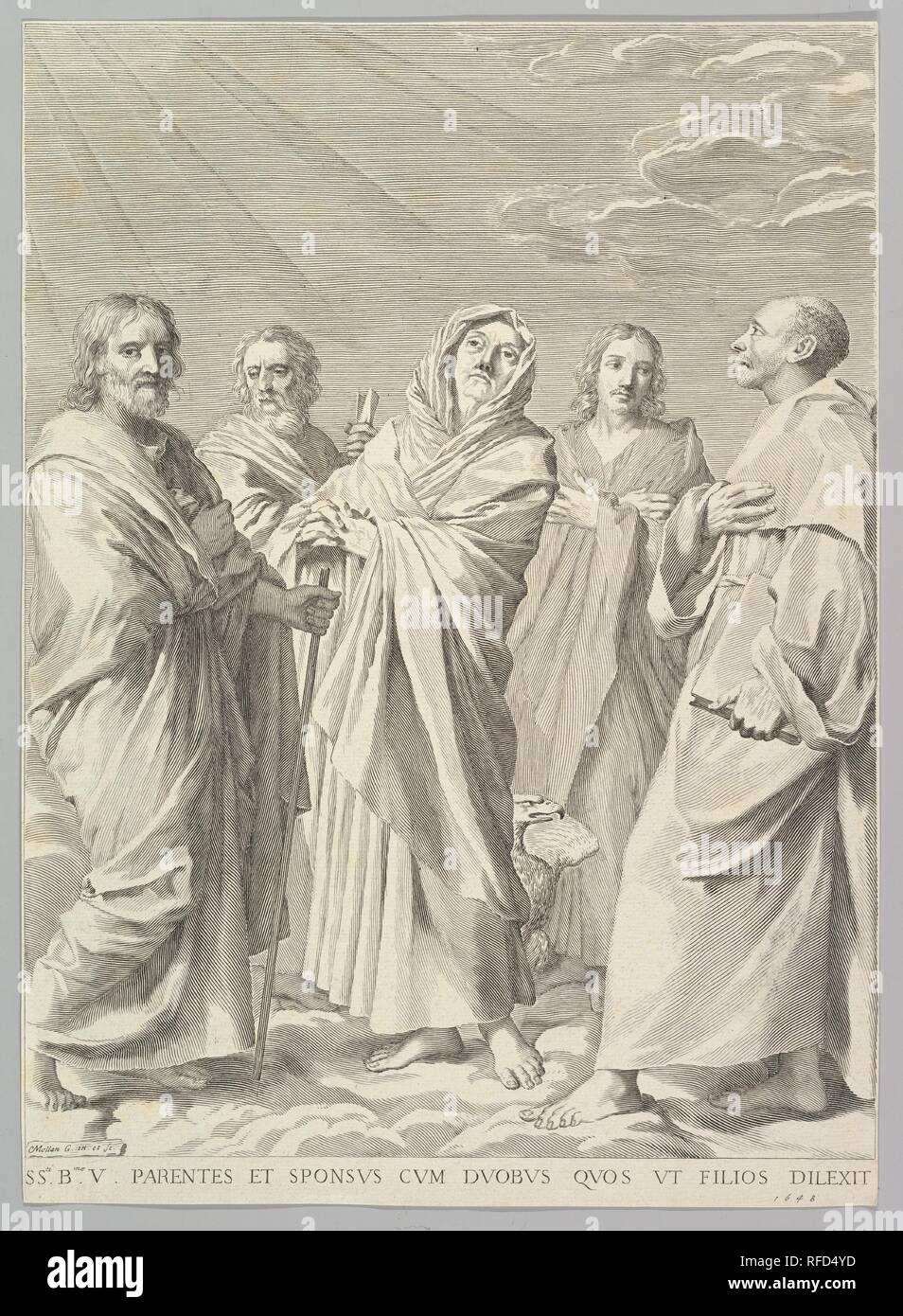 Sts. Anne, Giuseppe, Joachim, Bernard e Giovanni Evangelista (Parenté de la Vierge). Artista: Claude Mellan (francese, Abbeville 1598-1688 Paris). Dimensioni: foglio: 16 3/4 x 12 1/8 in. (42,5 x 30,8 cm). Data: 1648. Museo: Metropolitan Museum of Art di New York, Stati Uniti d'America. Foto Stock