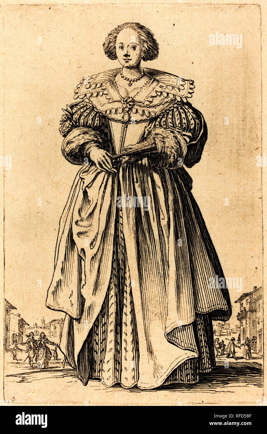 Nobile donna con ventola. Data: c. 1620/1623. Medio: l'attacco. Museo: National Gallery of Art di Washington DC. Autore: Jacques Callot. Foto Stock