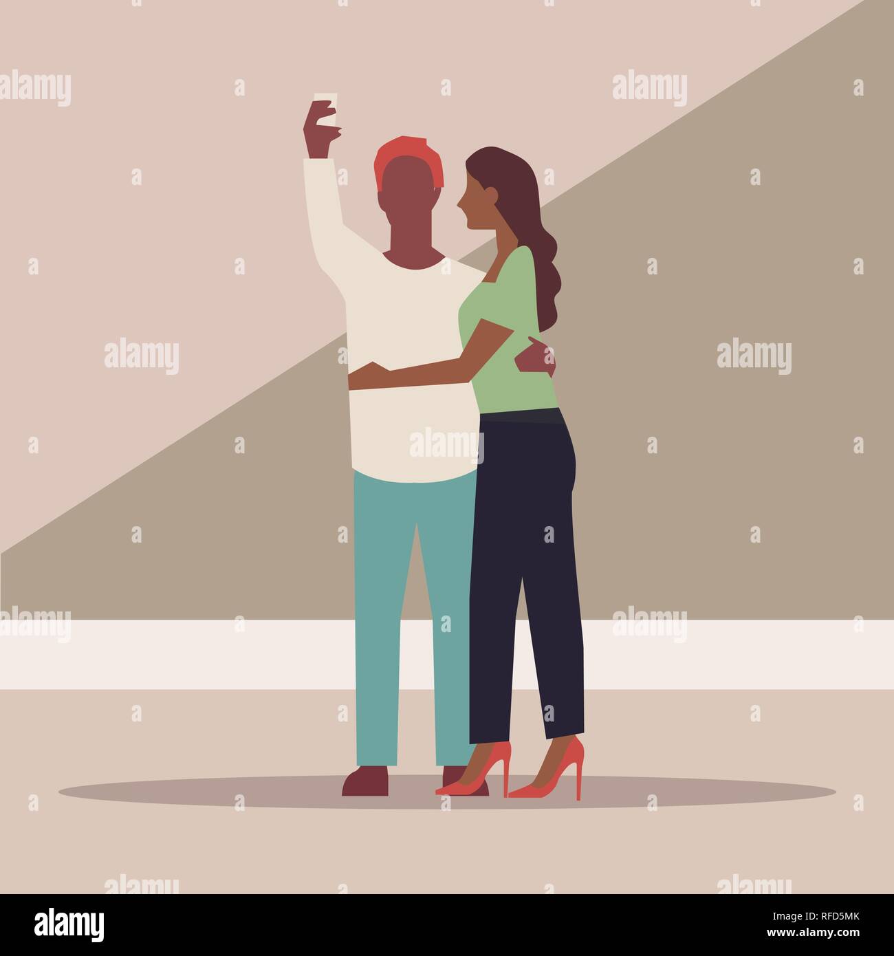 Coppia felice sono prendere selfie. L uomo e la donna sono fotografati insieme. Illustrazione Vettoriale in un appartamento di stile - Vettore Illustrazione Vettoriale