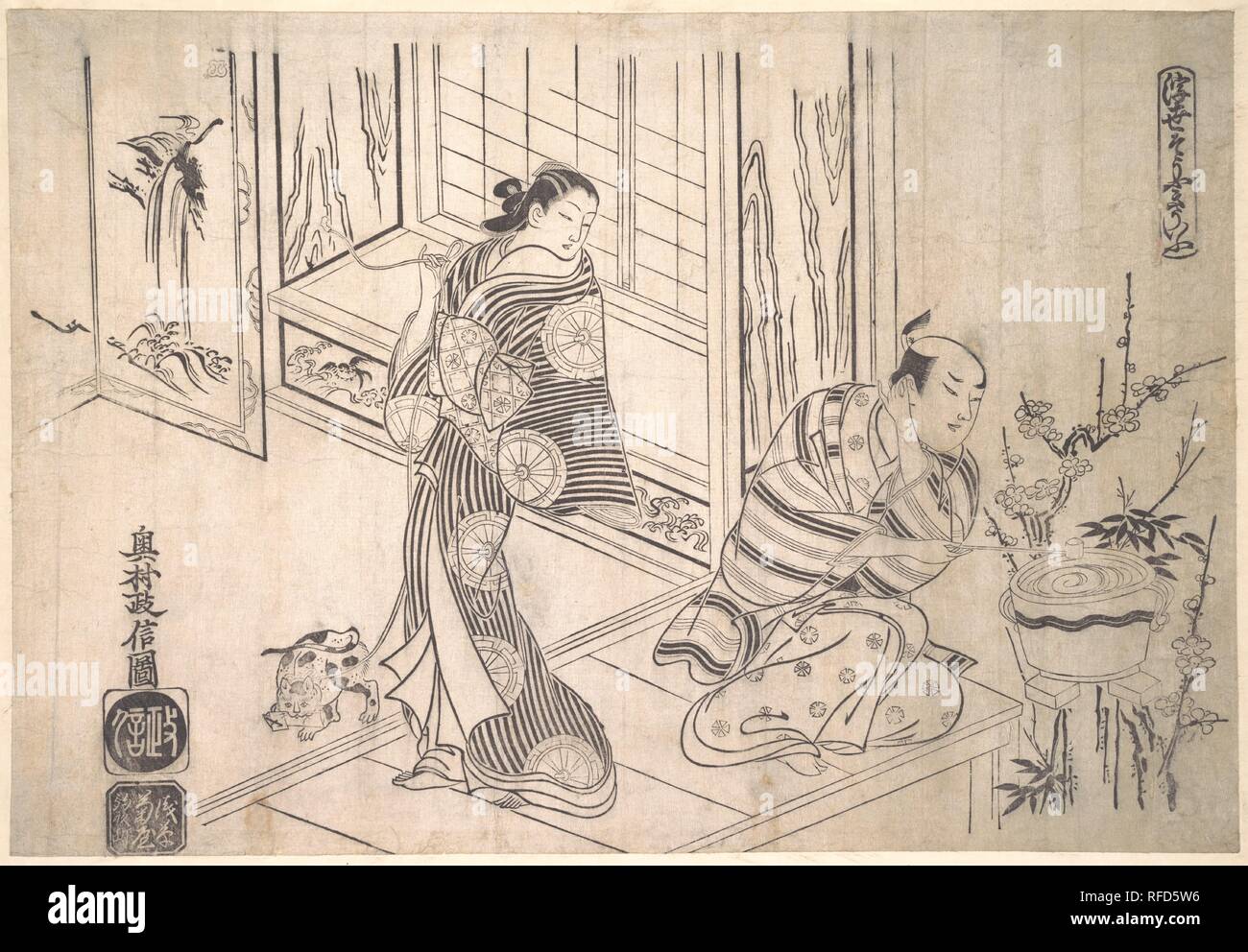 La parodia della leggenda di Xu si e Chao fu. Artista: Okumura Masanobu (giapponese, 1686-1764). Cultura: il Giappone. Dimensioni: 11 3/8 x 16 1/4 in. (28,9 x 41,3 cm). Data: ca. 1715. In un ambiente altamente divertente e complicato mitate versione di questa leggenda, Xu si appare come un imbarazzato, due-distribuzione amante Edo e Chao Fu come suo reproachful mistress. Egli è il lavaggio le sue orecchie in un disperato tentativo di convincerla che non è assolutamente a conoscenza di una lettera inviata dal suo rivale. La lettera ha scoperto dalla padrona è visto nella bocca del suo gatto. La classica allusione è velato nel dipinto di cascata che è p Foto Stock
