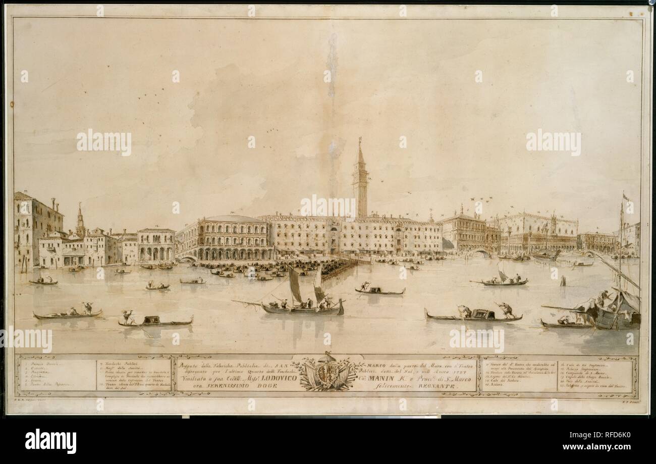 Panorama di Venezia dal Bacino di San Marco, tra cui il progetto per la proposta di Teatro Manin. Artista: Francesco Guardi (Italiano, 1712-1793 Venezia Venezia). Dimensioni: 18 11/16 x 34 13/16 in. (47,5 x 88,5 cm). Data: ca. 1788-93. Questo ampio panorama portante una dedizione a Ludovico Manin, l'ultimo Doge di Venezia, fu probabilmente destinato per incisione, un fatto che spiega la sua relativamente elevato grado di finitura. Il disegno è stato probabilmente destinato a contrassegnare l'apertura del teatro (inserita al centro sinistra) in onore del Doge. Come la storia ha voluto che il Teatro Manin non è mai stata costruita e Ludo Foto Stock