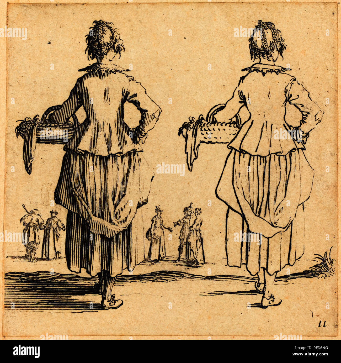 Contadina con cestello, visto da dietro. Data: 1617 e 1621. Medio: l'attacco. Museo: National Gallery of Art di Washington DC. Autore: Jacques Callot. Foto Stock