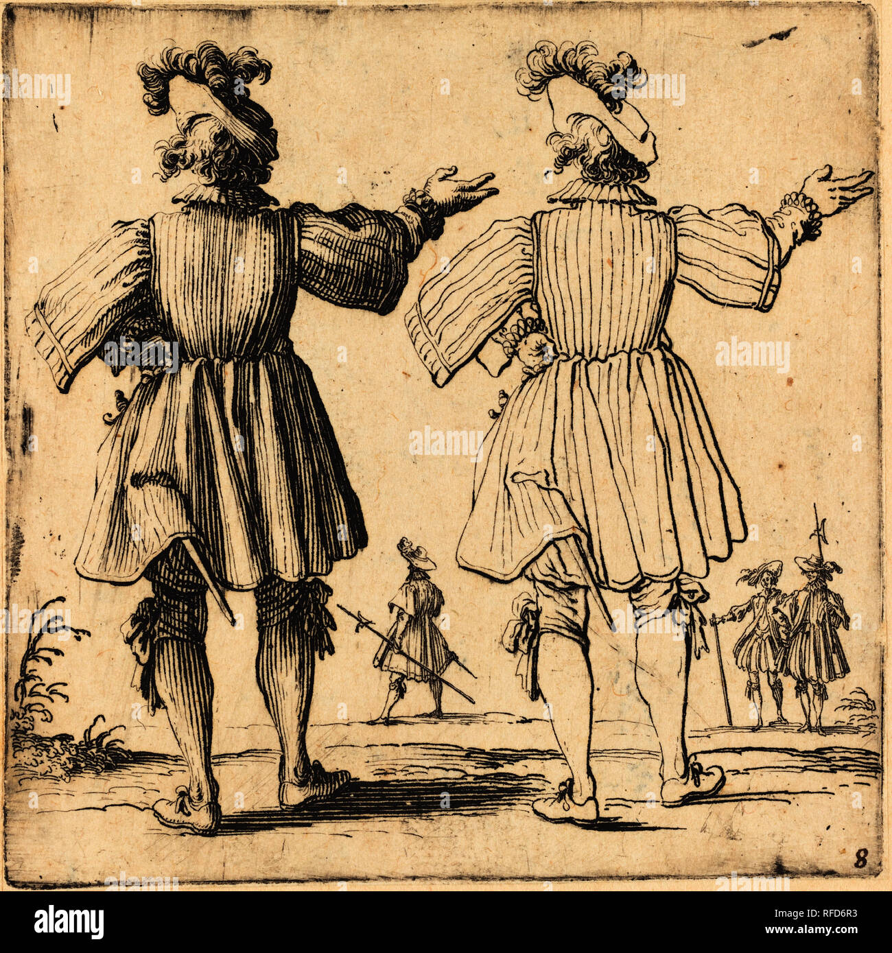 Officer con piuma, visto da dietro. Data: 1617 e 1621. Medio: l'attacco. Museo: National Gallery of Art di Washington DC. Autore: Jacques Callot. Foto Stock