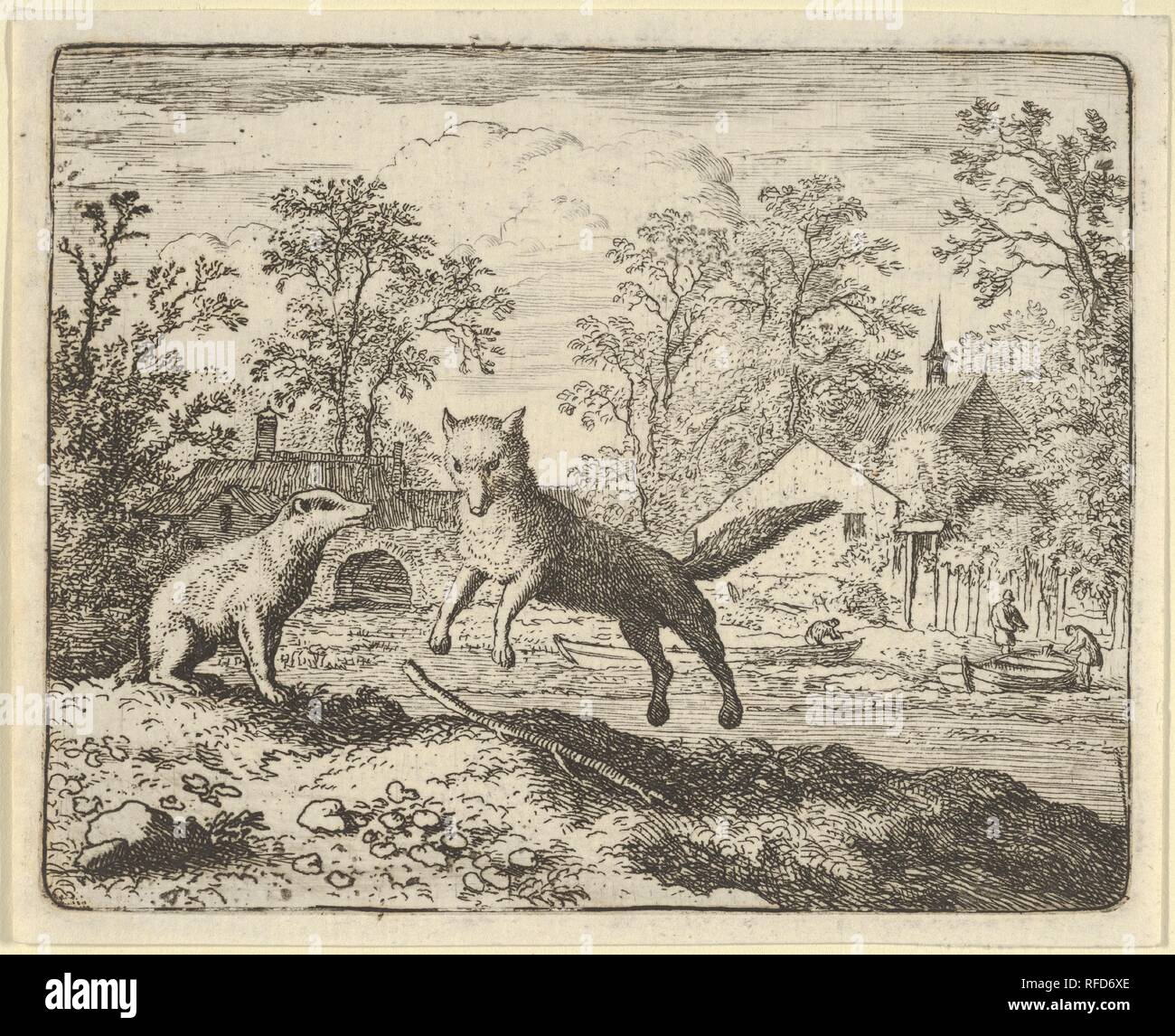 Il Badger impone come punizione per passare per tre volte nel corso di un bastone sul terreno da Hendrick van Alcmar's Renard la volpe. Artista: Allart van Everdingen (Olandese, Alkmaar 1621-1675 Amsterdam). Dimensioni: Piastra: 3 3/4 × 4 11/16 in. (9,5 × 11,9 cm) foglio: 4 a. × 4 15/16 in. (10,1 × 12,6 cm). Data: 1650-75. Museo: Metropolitan Museum of Art di New York, Stati Uniti d'America. Foto Stock