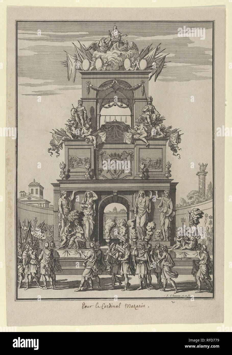 Arco trionfale eretto in onore del Cardinale Mazarino dopo il Trattato dei Pirenei. Artista: François Chauveau (francese, Parigi Parigi 1613-1676). Dimensioni: Foglio (rifilati): 10 1/4 × 7 5/16 in. (26,1 × 18,6 cm) tappeto: 11 5/8 in. × 8 a. (29,6 × 20,3 cm). Data: ca. 1664-5. Un monumento al cardinale Mazzarino, con una statua del Cardinale in alto, fiancheggiata da due aquile e bandiere. Il Cardinale lo stemma di è al centro. Museo: Metropolitan Museum of Art di New York, Stati Uniti d'America. Foto Stock