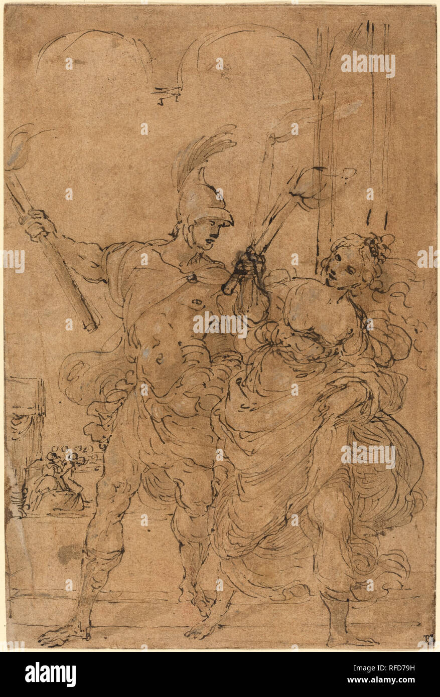 Alexander e Thaïs impostazione fuoco a Persepoli. Data: probabilmente c. 1592. Dimensioni: complessivo: 21.1 x 14 cm (8 5/16 x 5 1/2 in.). Medium: Penna e inchiostro bruno con lavaggio marrone e bianco innalzamento sulla carta washed arancio-marrone. Museo: National Gallery of Art di Washington DC. Autore: LODOVICO CARRACCI. Foto Stock