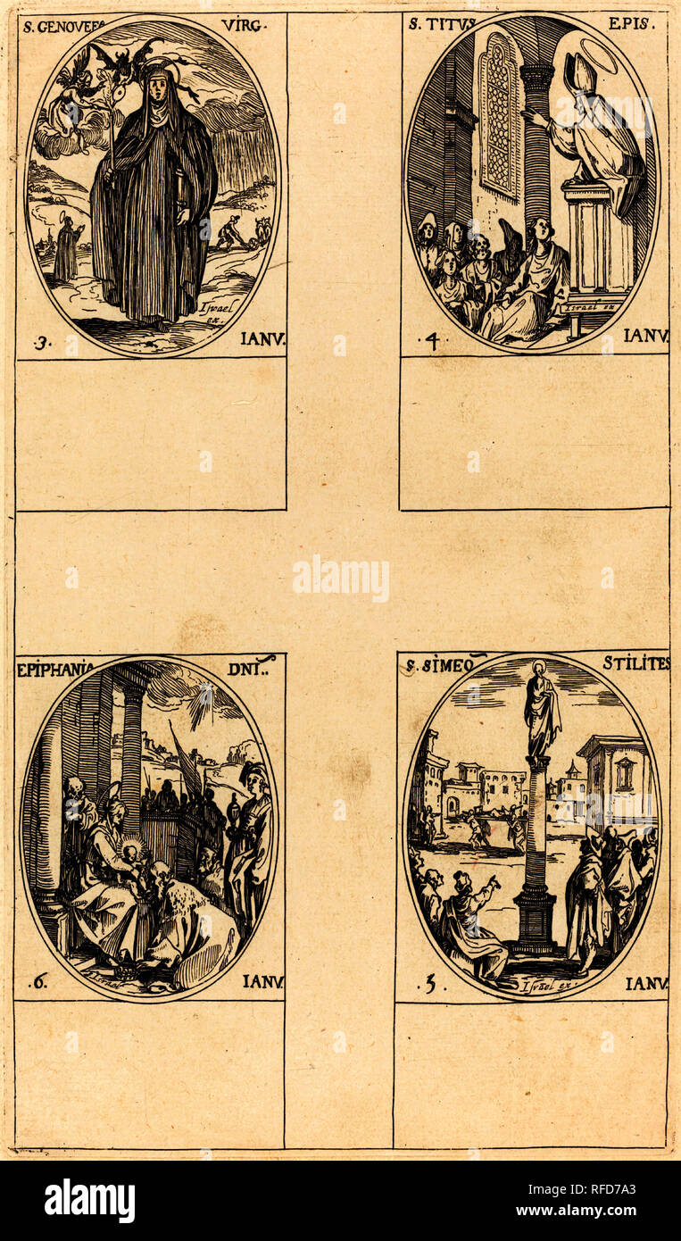 San Genevieve; San Tito; San Simeone lo Stilita; Epifania. Medio: l'attacco. Museo: National Gallery of Art di Washington DC. Autore: Jacques Callot. Foto Stock