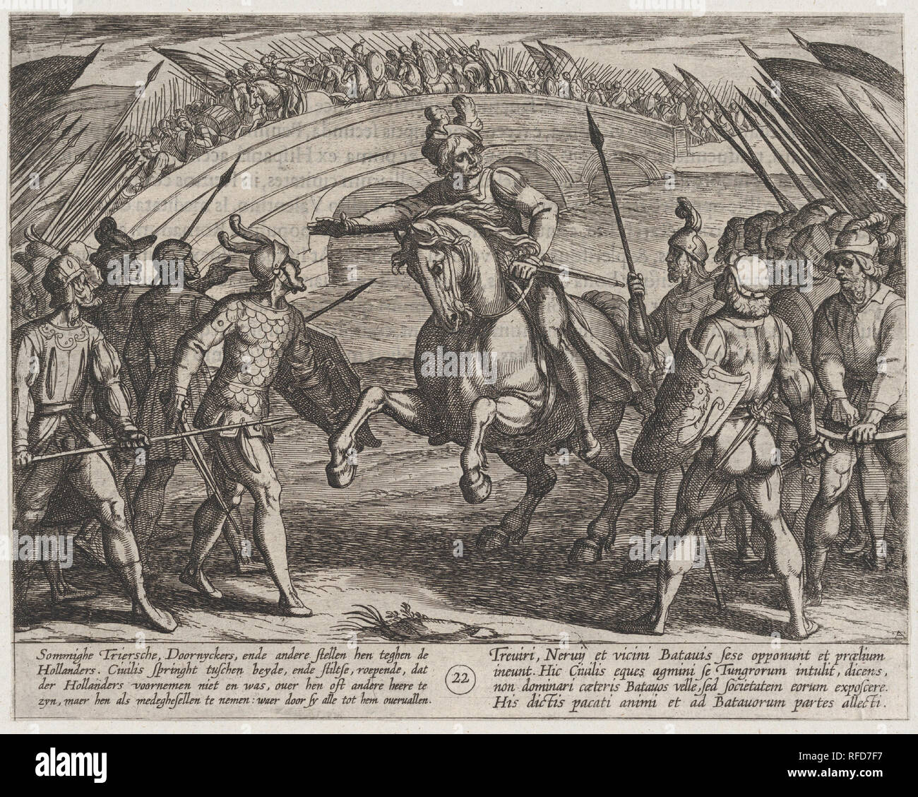 La piastra 22: Civilis separa tedesco e olandese, le truppe dalla guerra dei Romani contro il Batavians (Romanorvm et Batavorvm societas). Artista: Antonio Tempesta (italiano, Firenze Roma 1555-1630); dopo otto van Veen (Netherlandish, Leiden 1556-1629 Bruxelles). Dimensioni: foglio: 6 7/16 x 8 1/8 in. (16,4 × 20,7 cm). Data: 1611. Museo: Metropolitan Museum of Art di New York, Stati Uniti d'America. Foto Stock