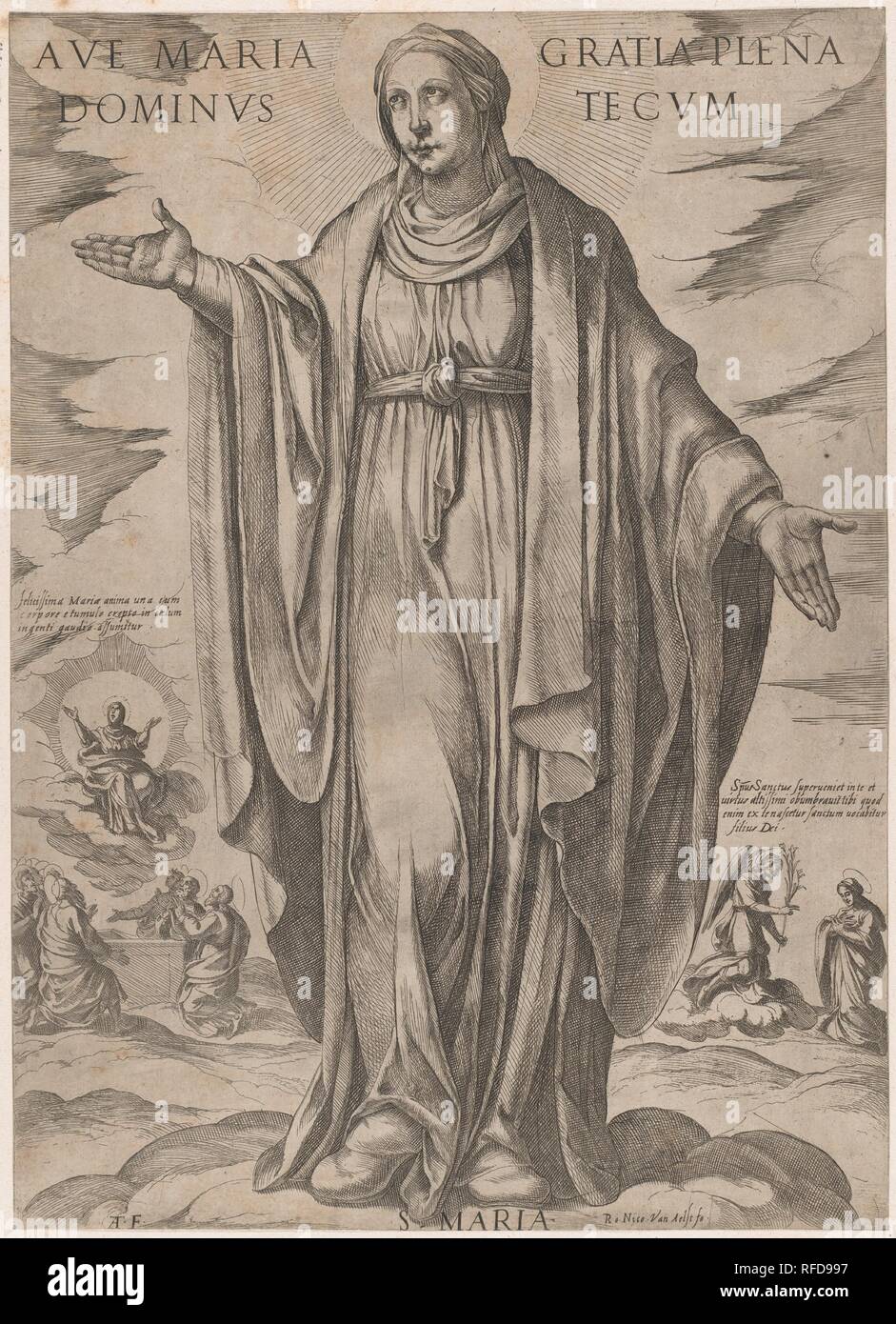 La Vergine da "Cristo, Maria e gli apostoli. Artista: Antonio Tempesta (italiano, Firenze Roma 1555-1630). Dimensioni: foglio: 20 11/16 × 14 3/4 in. (52,5 × 37,5 cm). Editore: Nicolaus Van Aelst (fiammingo, Bruxelles Roma 1526-1613). Data: ca. 1590-ca. 1610. Museo: Metropolitan Museum of Art di New York, Stati Uniti d'America. Foto Stock