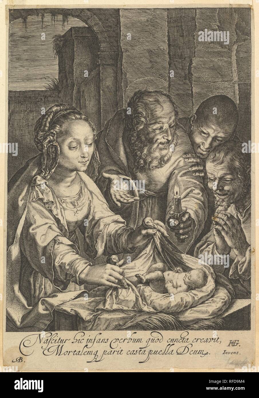 La Adorazione dei pastori. Artista: Dopo Hendrick Goltzius (Netherlandish, Mühlbracht 1558-1617 Haarlem); Abramo Blooteling (Olandese, 1640-1690). Dimensioni: foglio: 8 7/8 x 6 1/8 in. (22,6 x 15,6 cm). Data: dopo il 1650. Museo: Metropolitan Museum of Art di New York, Stati Uniti d'America. Foto Stock