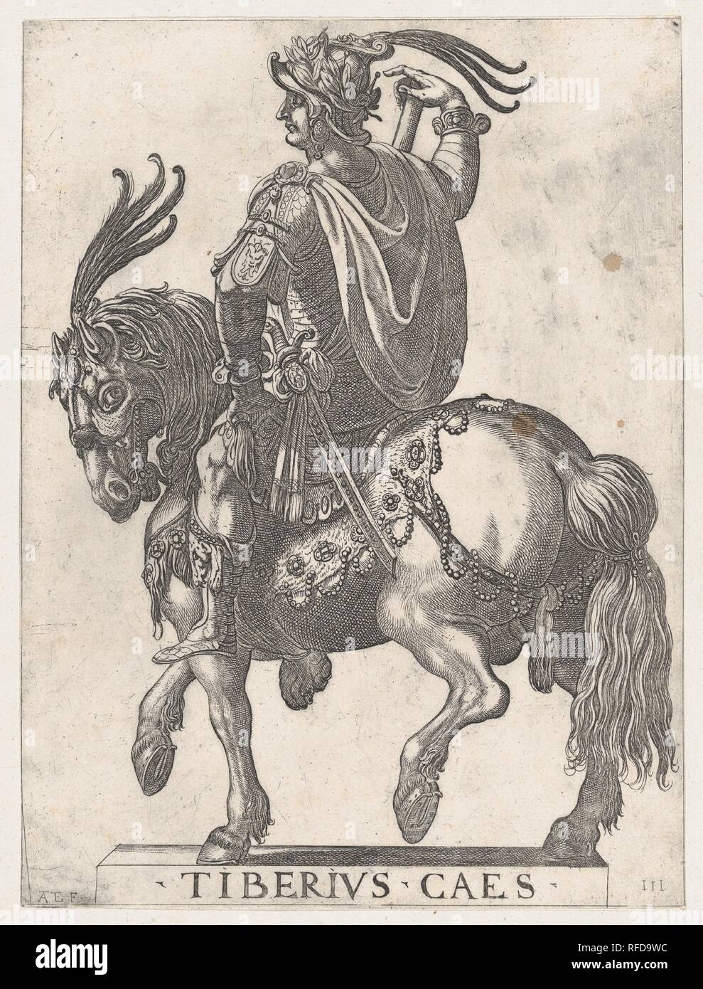 La piastra 3: Imperatore Tiberio a cavallo tra 'i primi dodici Cesari romana". Artista: Antonio Tempesta (italiano, Firenze Roma 1555-1630). Dimensioni: foglio: 11 7/8 x 8 7/8 in. (30,2 × 22,6 cm). Editore: Giovanni Battista di Lazzaro Panzera da Parma (italiano, nato 1541, attivo Roma 1577-98). Data: 1596. Museo: Metropolitan Museum of Art di New York, Stati Uniti d'America. Foto Stock