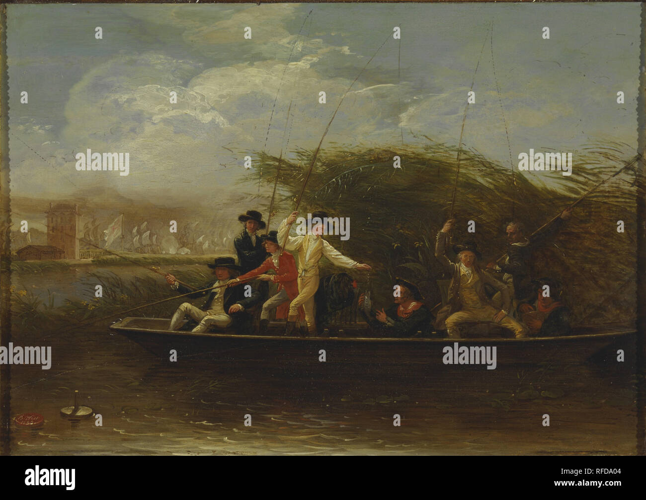 Colleghi la pesca. Data/Periodo: 1794. La pittura. Olio su ardesia. Altezza: 308 mm (12.12 in); larghezza: 432 mm (17 in). Autore: Benjamin West. Foto Stock