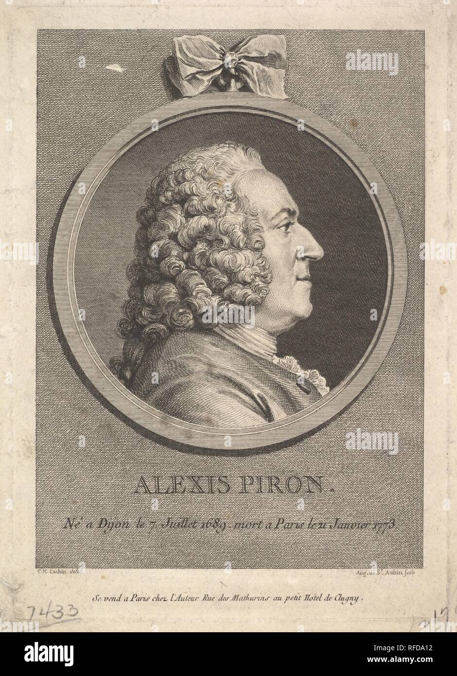 Ritratto di Alexis Piron. Artista: Dopo Charles Nicolas Cochin II (francese, Parigi Parigi 1715-1790); Augustin de Saint-Aubin (francese, Parigi Parigi 1736-1807). Dimensioni: foglio: 8 3/4 × 6 9/16 in. (22,2 × 16,7 cm) Piastra: 7 5/8 × 5 7/16 in. (19,4 × 13,8 cm). Editore: Augustin de Saint-Aubin (francese, Parigi Parigi 1736-1807). Data: 1776. Museo: Metropolitan Museum of Art di New York, Stati Uniti d'America. Foto Stock