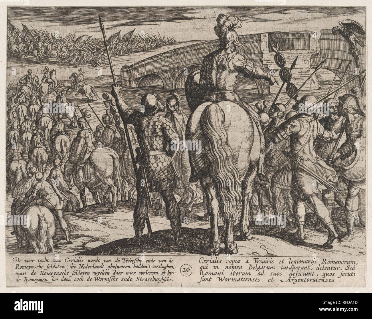 La piastra 24: la guardia in anticipo delle nuove truppe romane si voltò indietro, dalla guerra dei Romani contro il Batavians (Romanorvm et Batavorvm societas). Artista: Antonio Tempesta (italiano, Firenze Roma 1555-1630); dopo otto van Veen (Netherlandish, Leiden 1556-1629 Bruxelles). Dimensioni: foglio: 6 5/16 x 8 1/16 in. (16,1 × 20,5 cm). Data: 1611. Museo: Metropolitan Museum of Art di New York, Stati Uniti d'America. Foto Stock