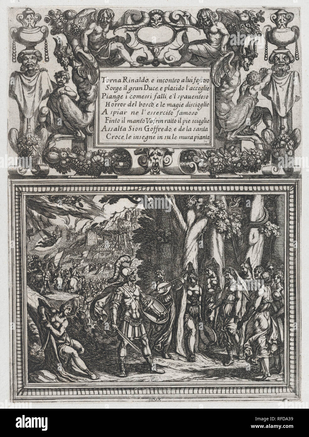 La piastra 18: Illustrazione al canto XVIII, da Torquato Tasso di "Gerusalemme liberata III". Artista: Antonio Tempesta (italiano, Firenze Roma 1555-1630). Dimensioni: Foglio (rifilati): 10 13/16 × 8 1/16 in. (27,5 × 20,5 cm). Data: ca. 1590-1630. Museo: Metropolitan Museum of Art di New York, Stati Uniti d'America. Foto Stock