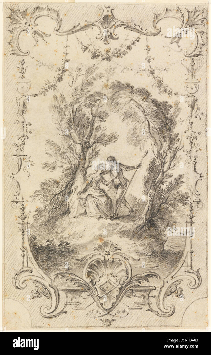 Il Pastore Eagar (disegno preparatorio per la piastra 247 in L'Oeuvre gravé de Watteau, 1739). Data/Periodo: ca. 1730. Disegno. Gesso nero, spazzola e grey wash, tracce di stilo su di crema di latte di cui la carta. Autore: Gabriel Huquier. Foto Stock