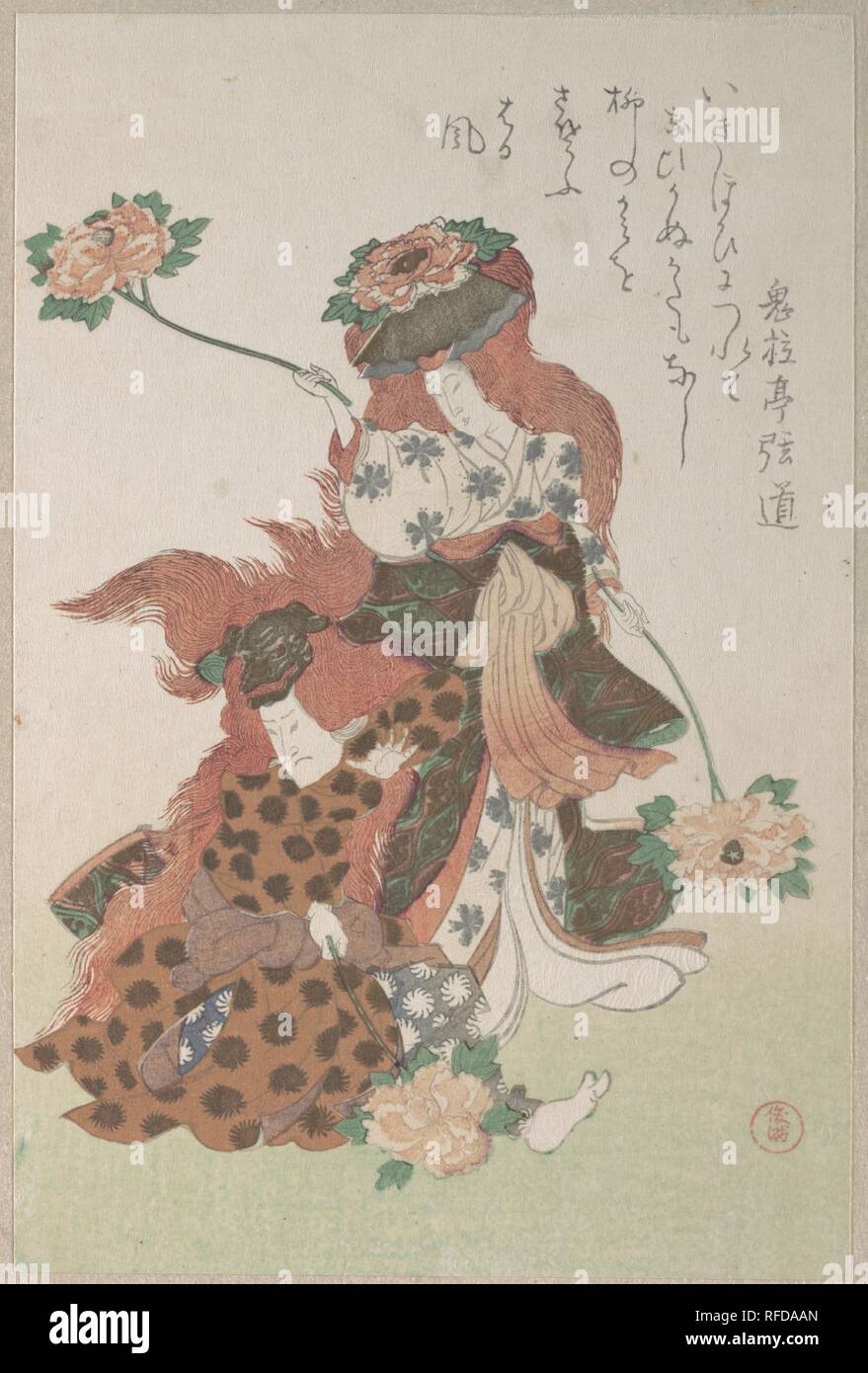 Due ballerini eseguono una 'Shakkyomono' danza Kabuki, dalla primavera pioggia Surimono Album (Harusame surimono-jo), vol. 3. Artista: Kubo Shunman (giapponese, 1757-1820). Cultura: il Giappone. Dimensioni: 8 5/16 x 5 1/2 in. (21,1 x 14 cm). Data: ca. 1805-10. Surimono privatamente sono pubblicati woodblock stampe, di solito commissionato da poeti o gruppi di poesia come una forma di Nuovo Anno di biglietto di auguri. Le poesie, più comunemente kyoka (spiritoso trentuno versetto sillaba), riportato sulla stampa di solito comprendono felice immagini collegate con molla, che nel calendario lunare inizia il primo giorno del primo mese. Foto Stock