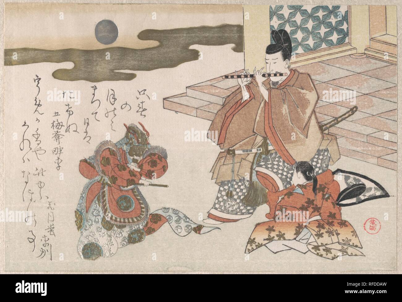 Cortigiano giocando un flauto per accompagnare una danza Bugaku. Artista: Kubo Shunman (giapponese, 1757-1820). Cultura: il Giappone. Dimensioni: 5 1/2 x 8 3/16 in. (14 x 20,8 cm). Data: probabilmente 1810. Il design di questo surimono, un sontuoso stampa, commissionato da uno dei club di poesia che fiorirono nella società urbana di inizio del XIX secolo di Edo, utilizza l'abbigliamento di un Bugaku prestazioni come immagini di buon auspicio per un nuovo anno di saluto. Esso evoca un aura di romanzo cortese nella letteratura classica. Museo: Metropolitan Museum of Art di New York, Stati Uniti d'America. Foto Stock